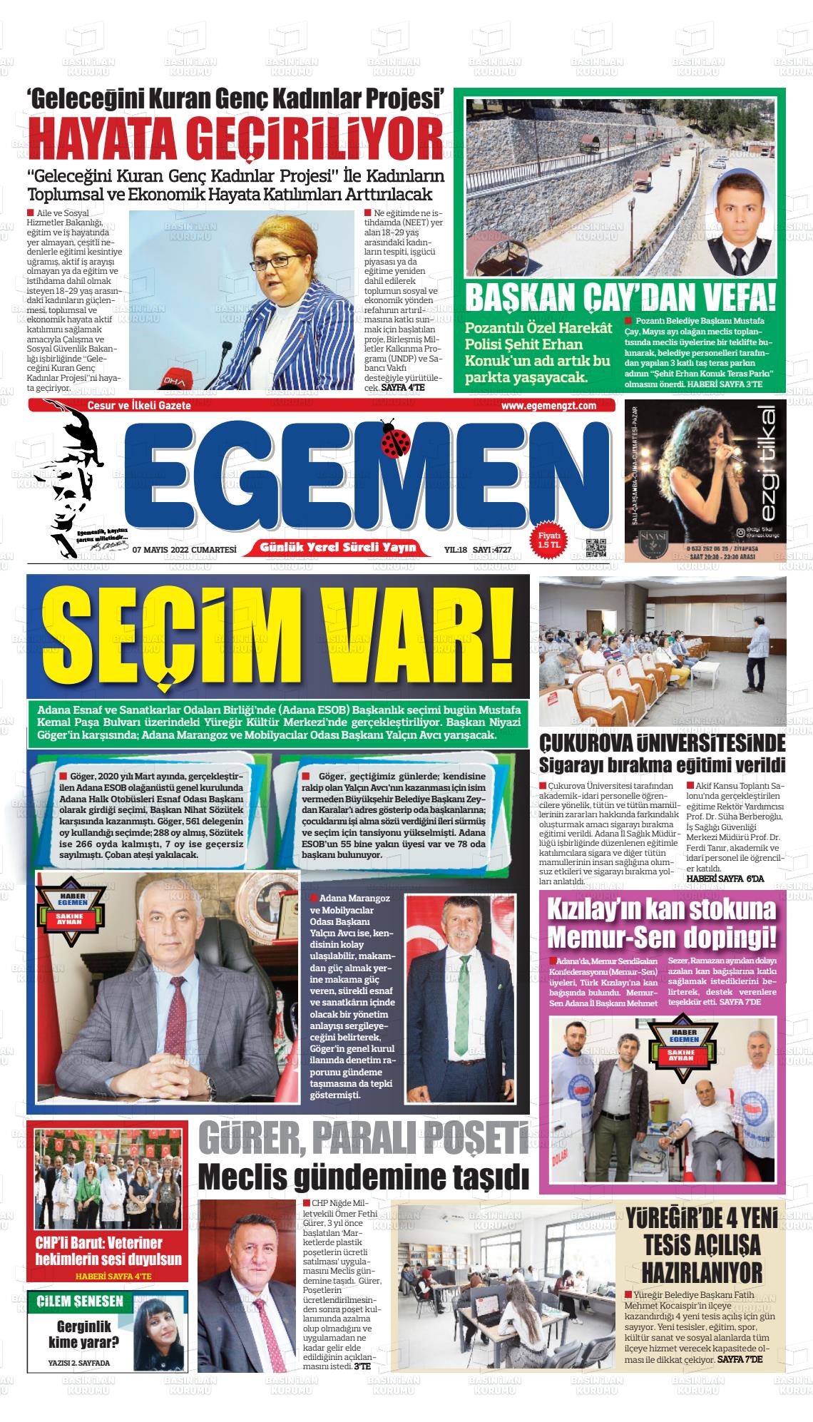 07 Mayıs 2022 Egemen  Adana Gazete Manşeti