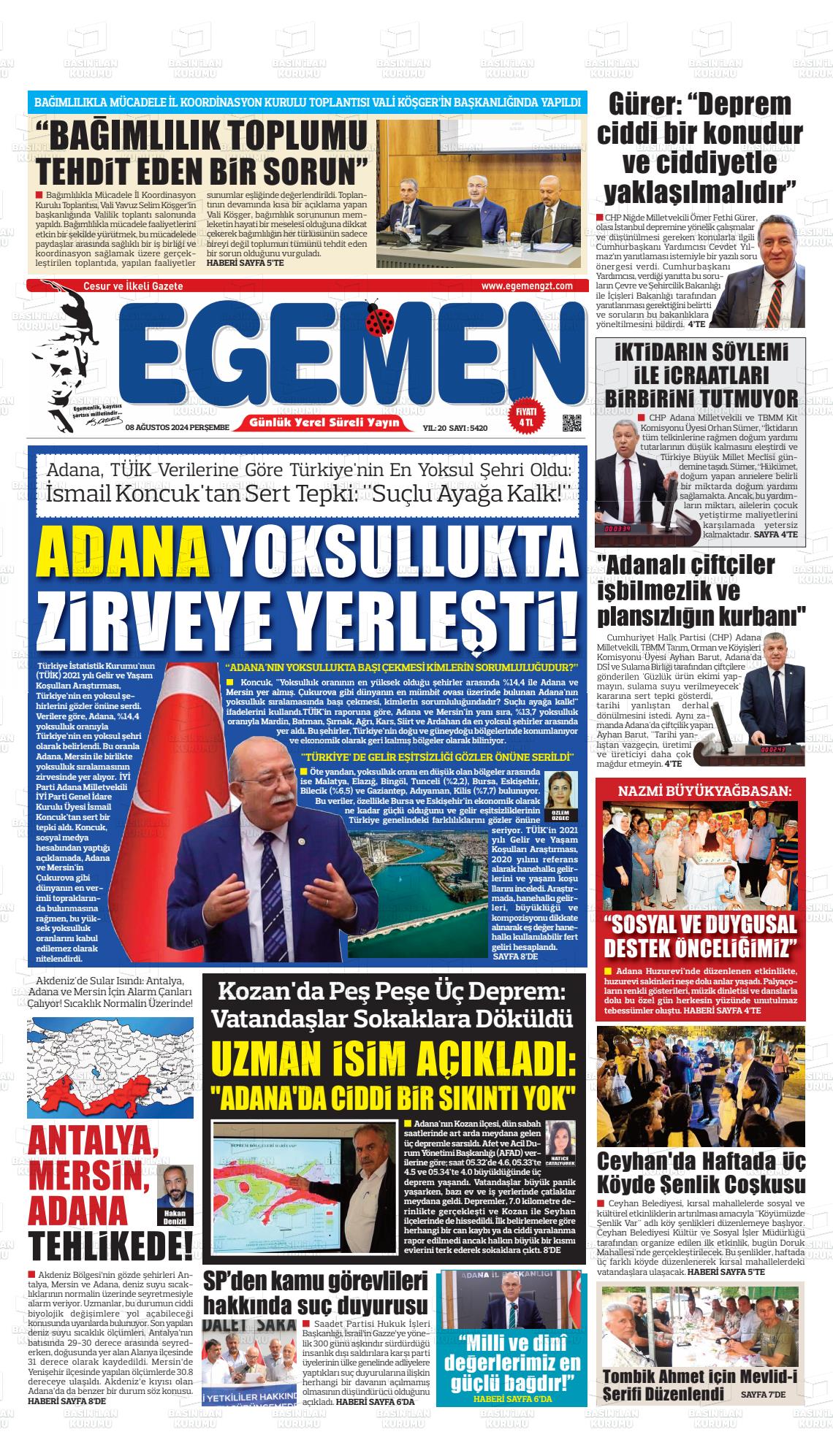 08 Ağustos 2024 Egemen  Adana Gazete Manşeti