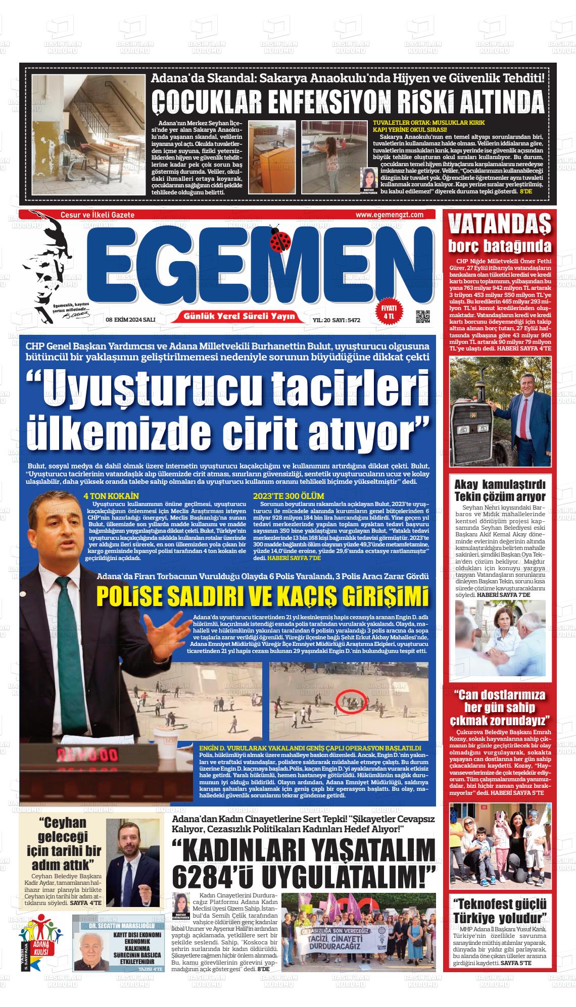 08 Ekim 2024 Egemen  Adana Gazete Manşeti