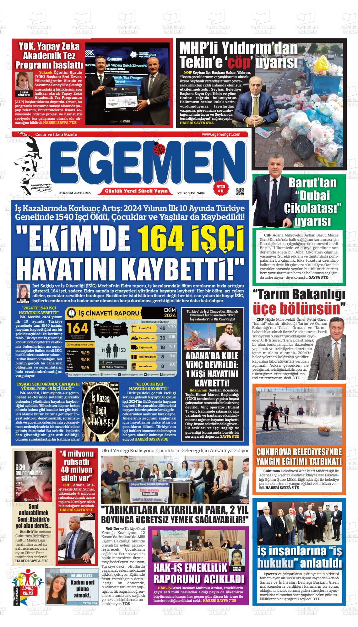 08 Kasım 2024 Egemen  Adana Gazete Manşeti