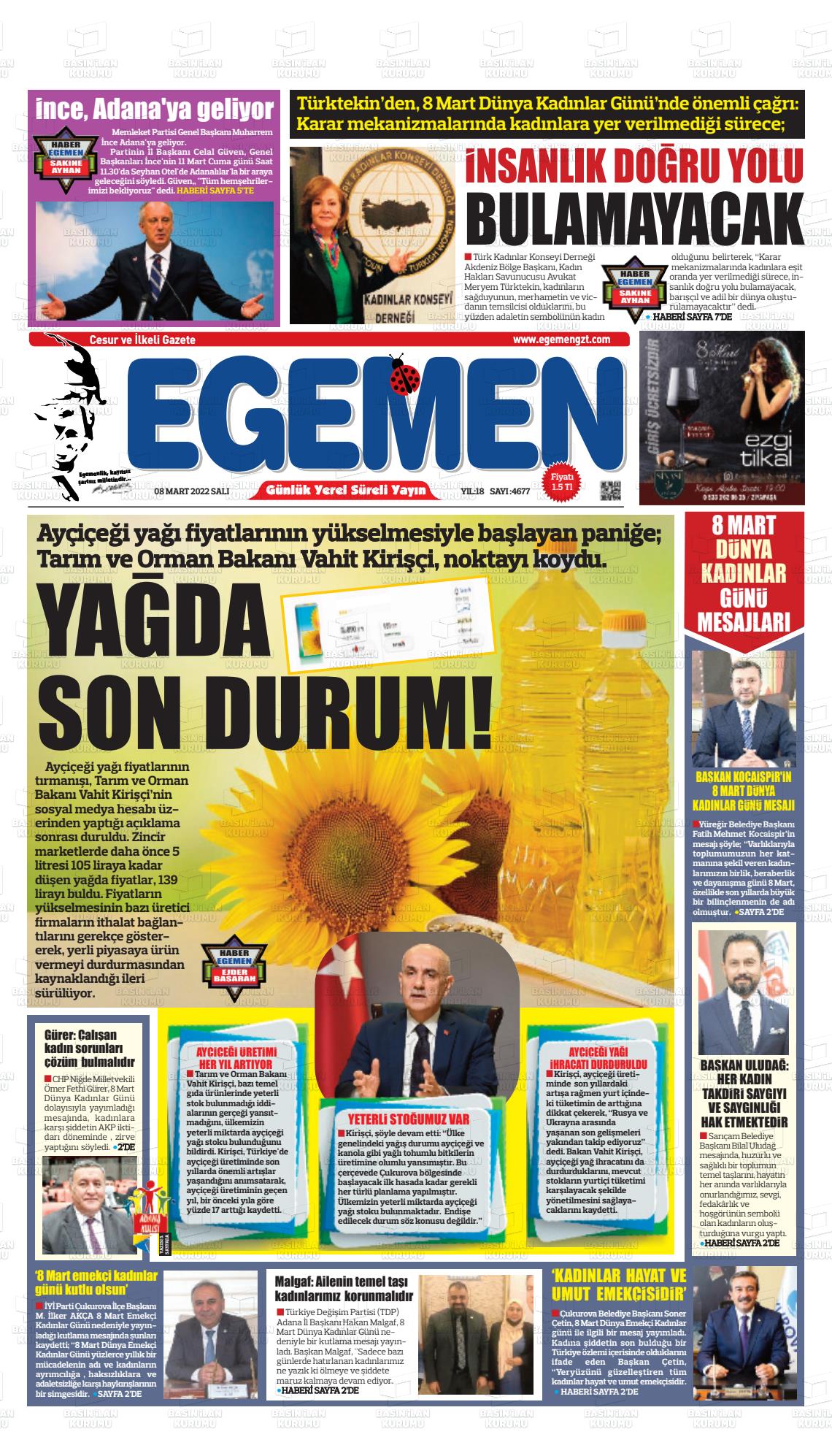 08 Mart 2022 Egemen  Adana Gazete Manşeti