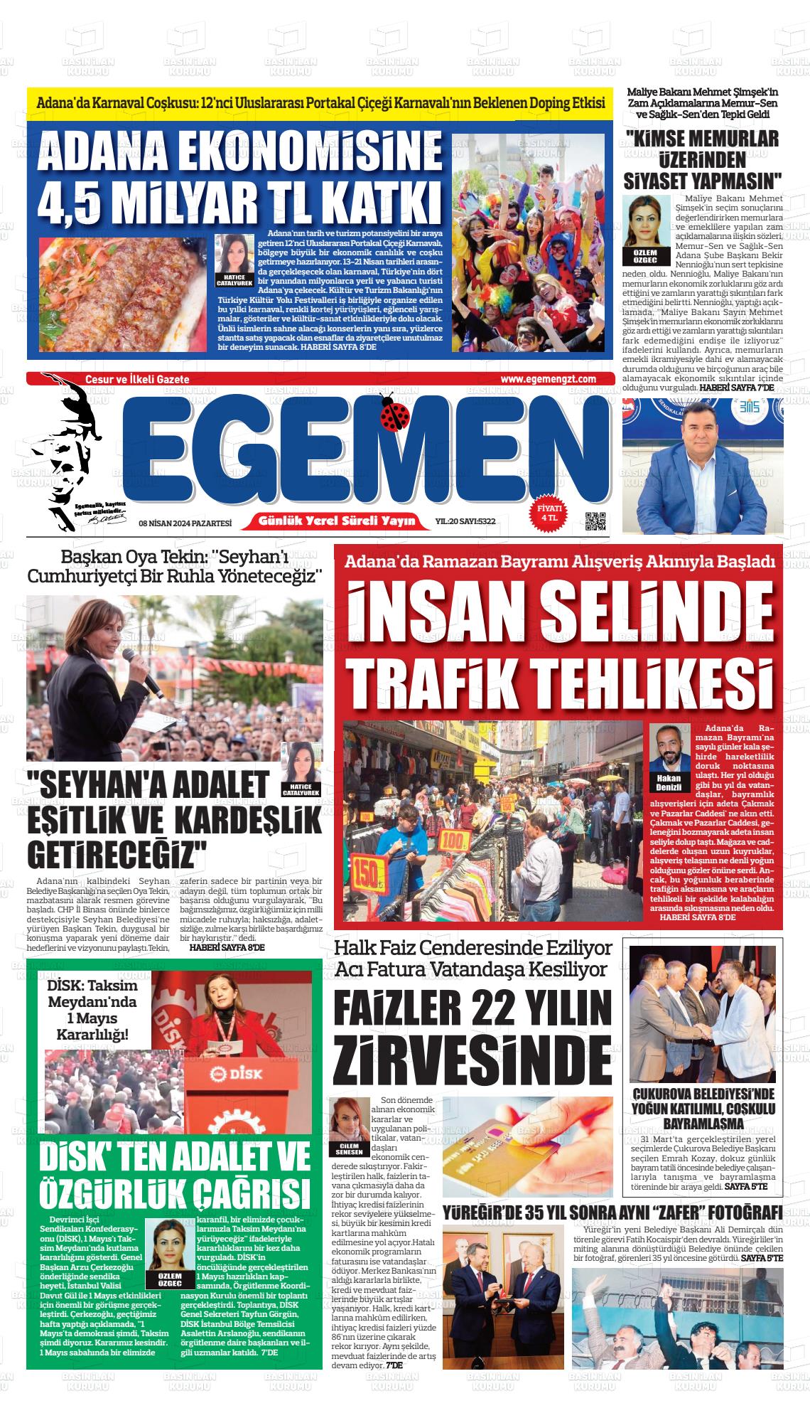 08 Nisan 2024 Egemen  Adana Gazete Manşeti