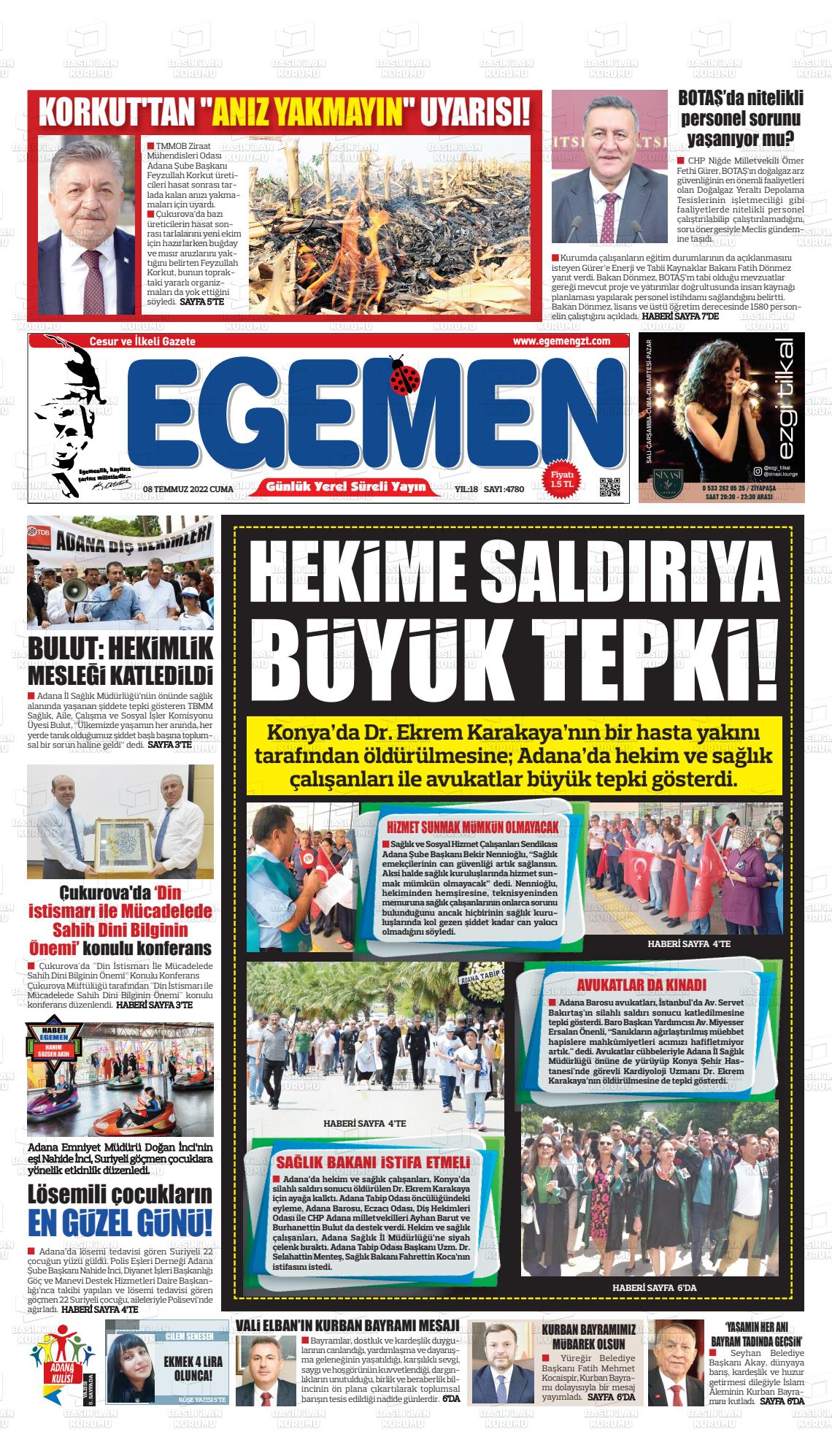 08 Temmuz 2022 Egemen  Adana Gazete Manşeti