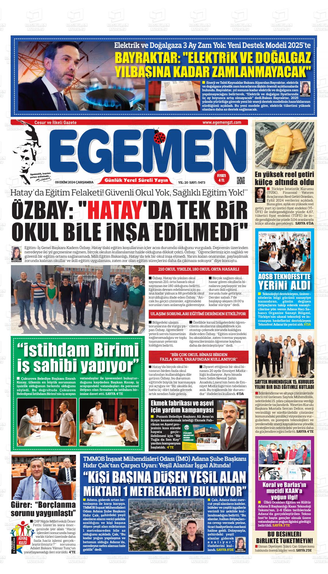 09 Ekim 2024 Egemen  Adana Gazete Manşeti