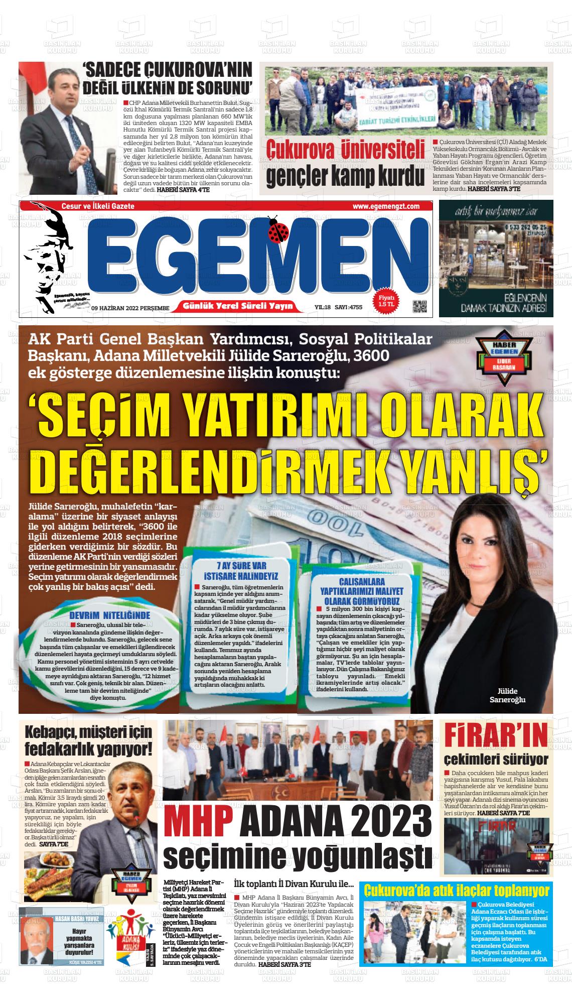 09 Haziran 2022 Egemen  Adana Gazete Manşeti