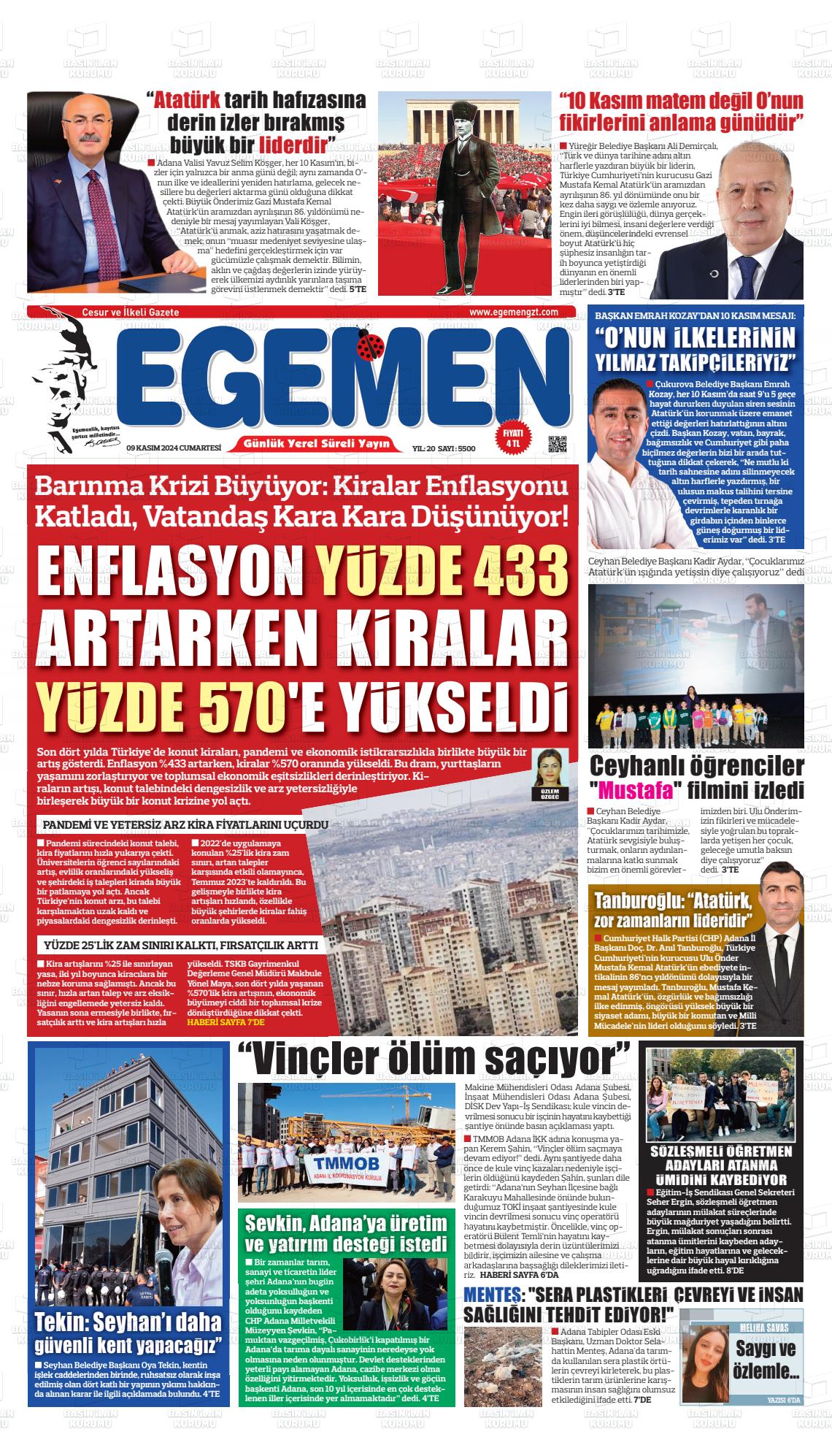 09 Kasım 2024 Egemen  Adana Gazete Manşeti