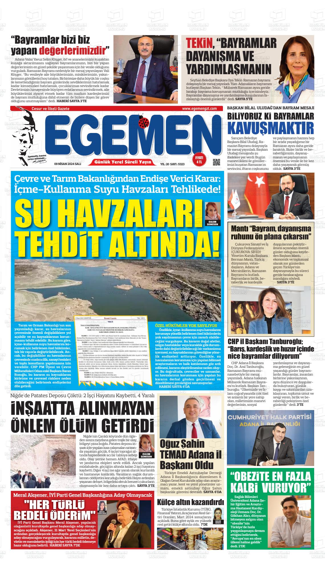 09 Nisan 2024 Egemen  Adana Gazete Manşeti