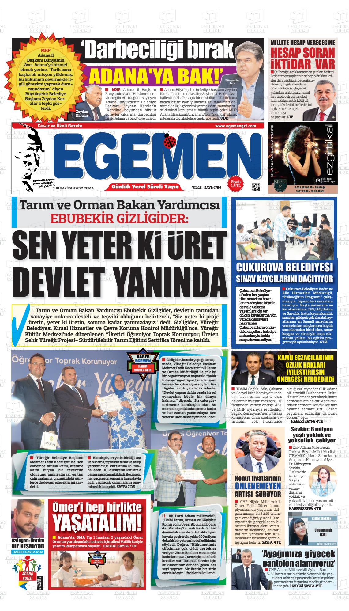 10 Haziran 2022 Egemen  Adana Gazete Manşeti