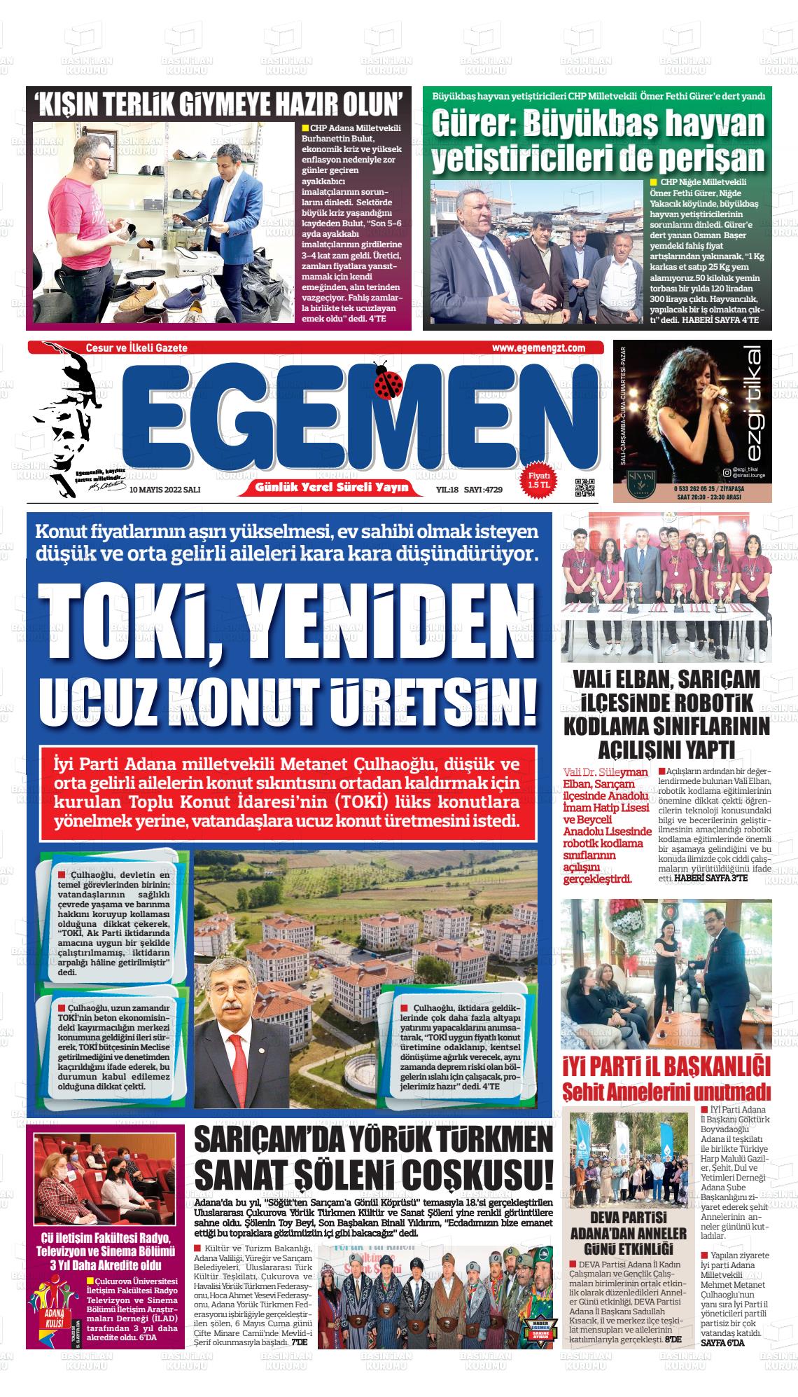 10 Mayıs 2022 Egemen  Adana Gazete Manşeti