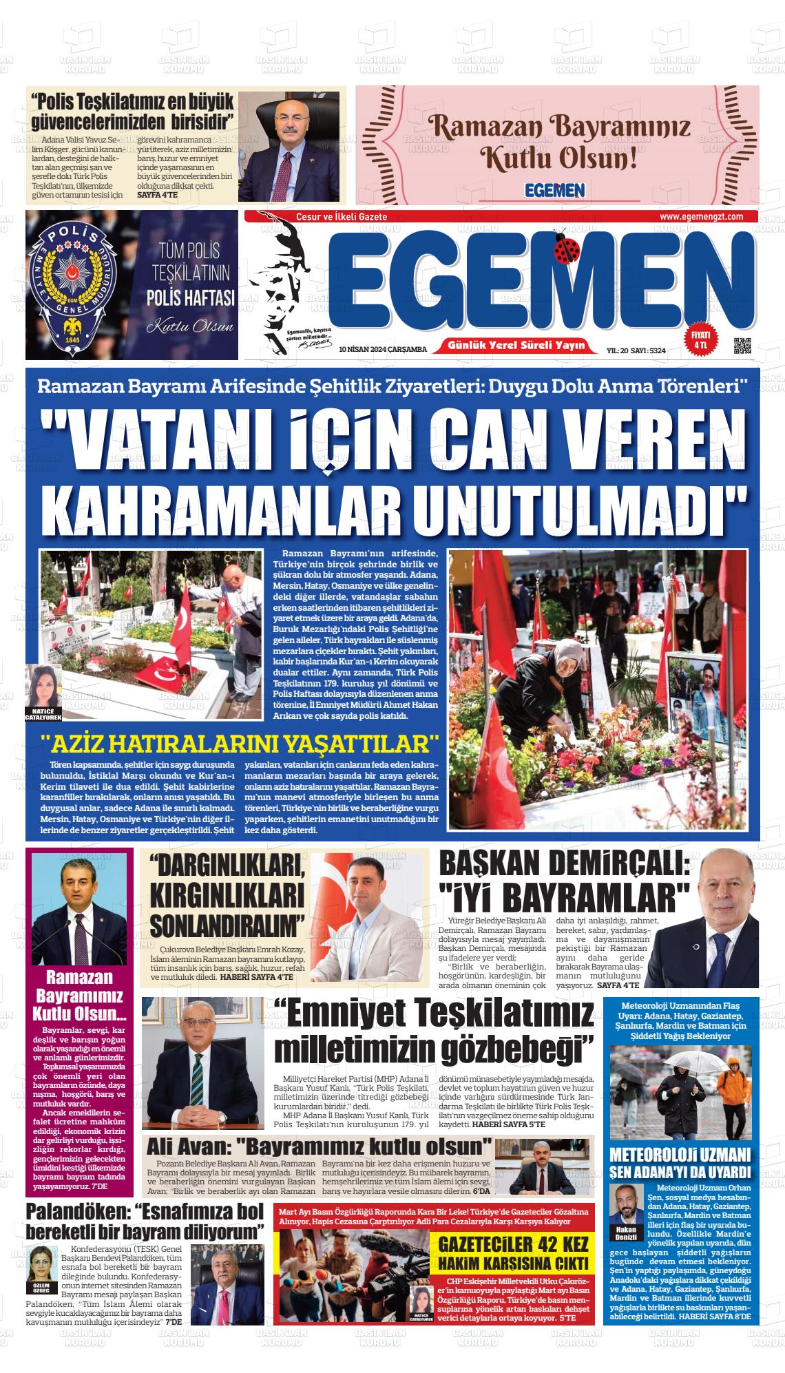 10 Nisan 2024 Egemen  Adana Gazete Manşeti