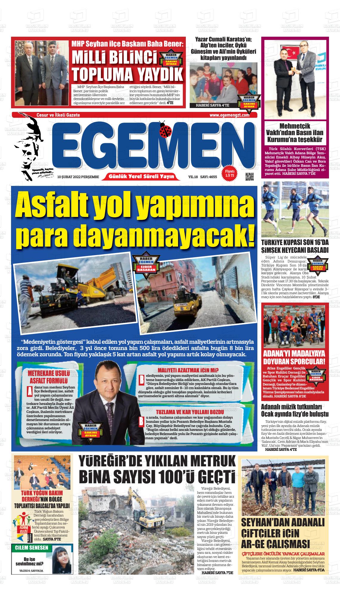 10 Şubat 2022 Egemen  Adana Gazete Manşeti