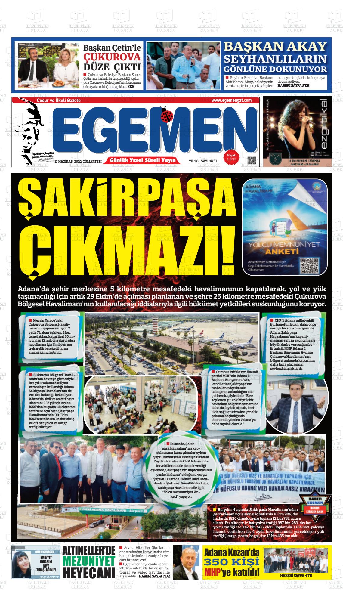 11 Haziran 2022 Egemen  Adana Gazete Manşeti