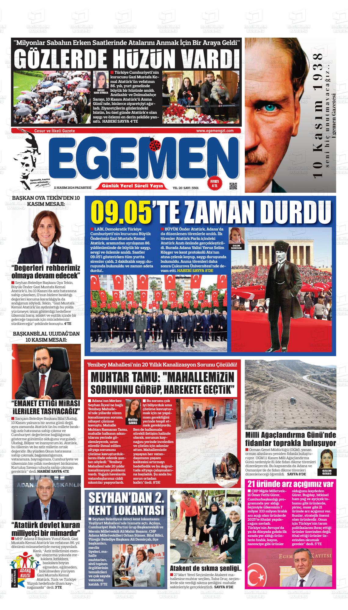 11 Kasım 2024 Egemen  Adana Gazete Manşeti