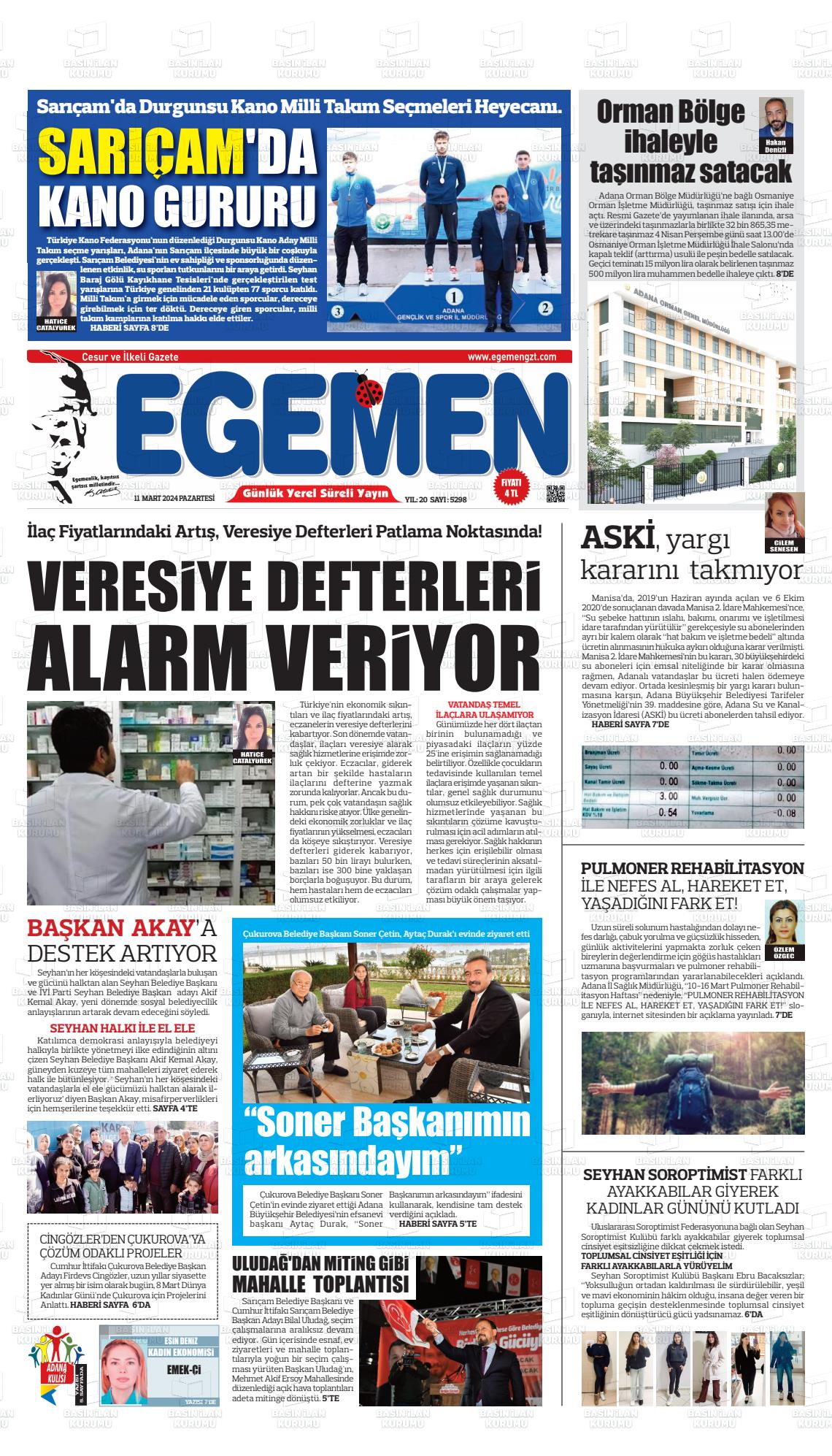 11 Mart 2024 Egemen  Adana Gazete Manşeti