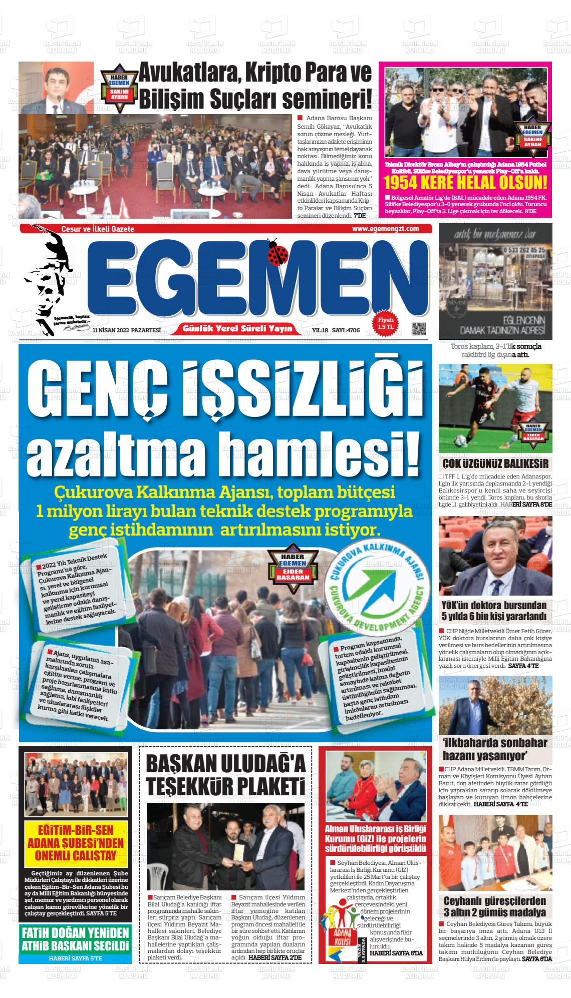 11 Nisan 2022 Egemen  Adana Gazete Manşeti