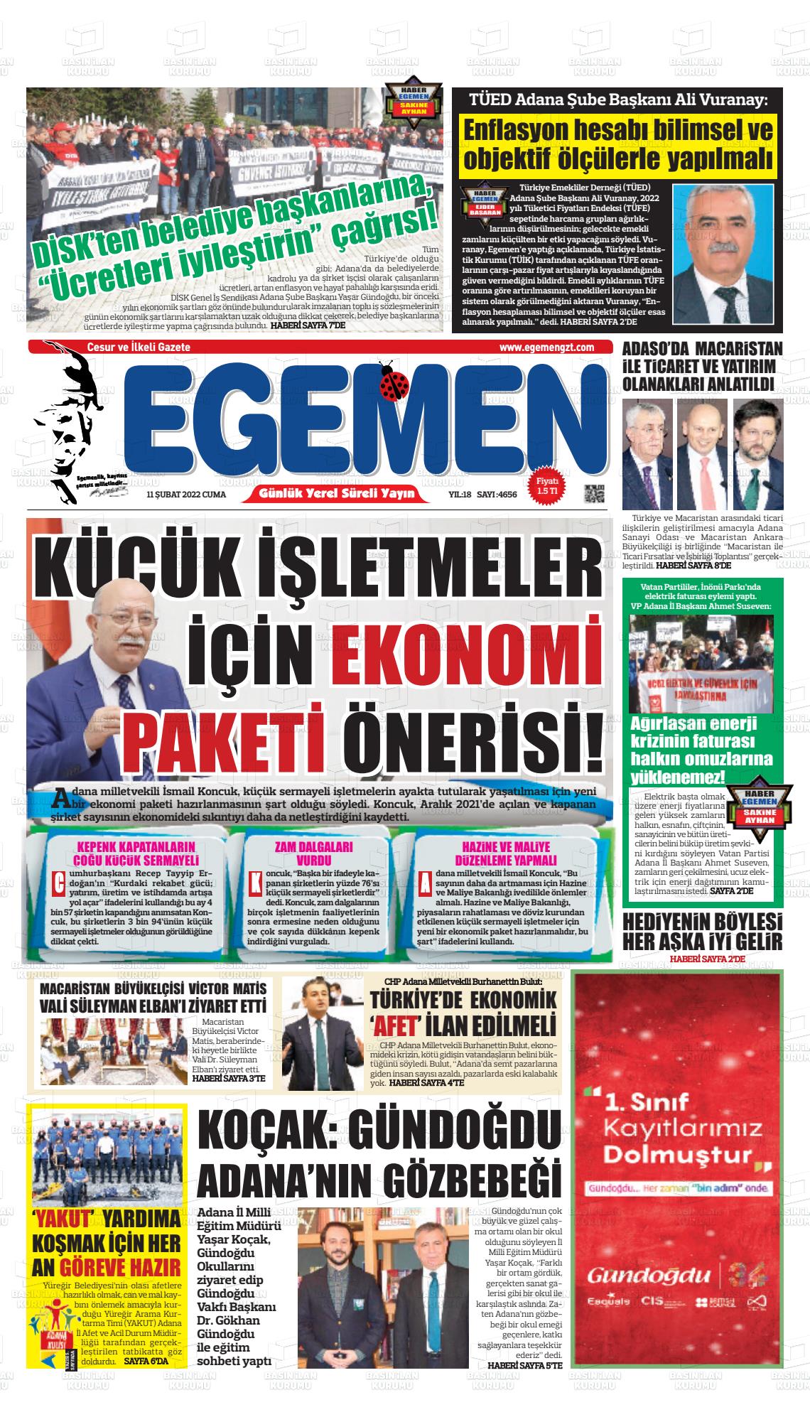 11 Şubat 2022 Egemen  Adana Gazete Manşeti