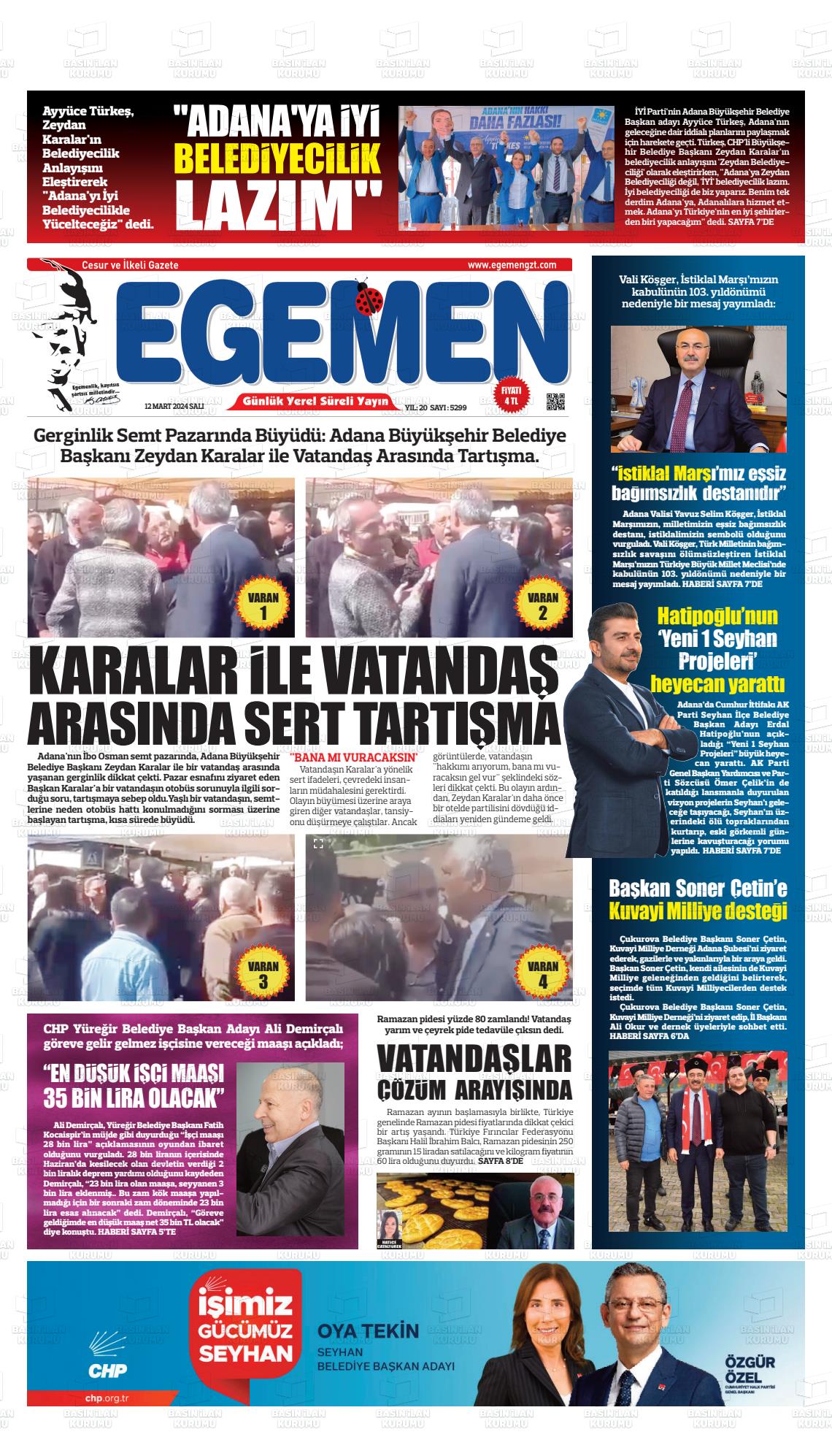 12 Mart 2024 Egemen  Adana Gazete Manşeti