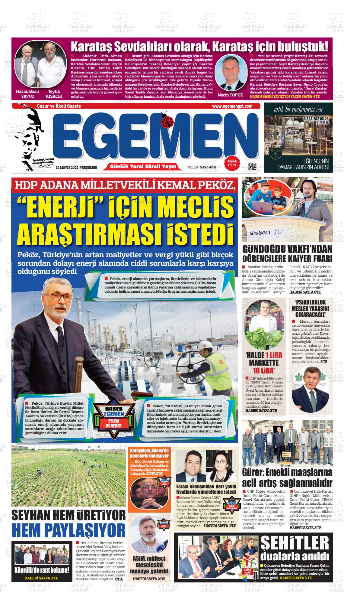 12 Mayıs 2022 Egemen  Adana Gazete Manşeti