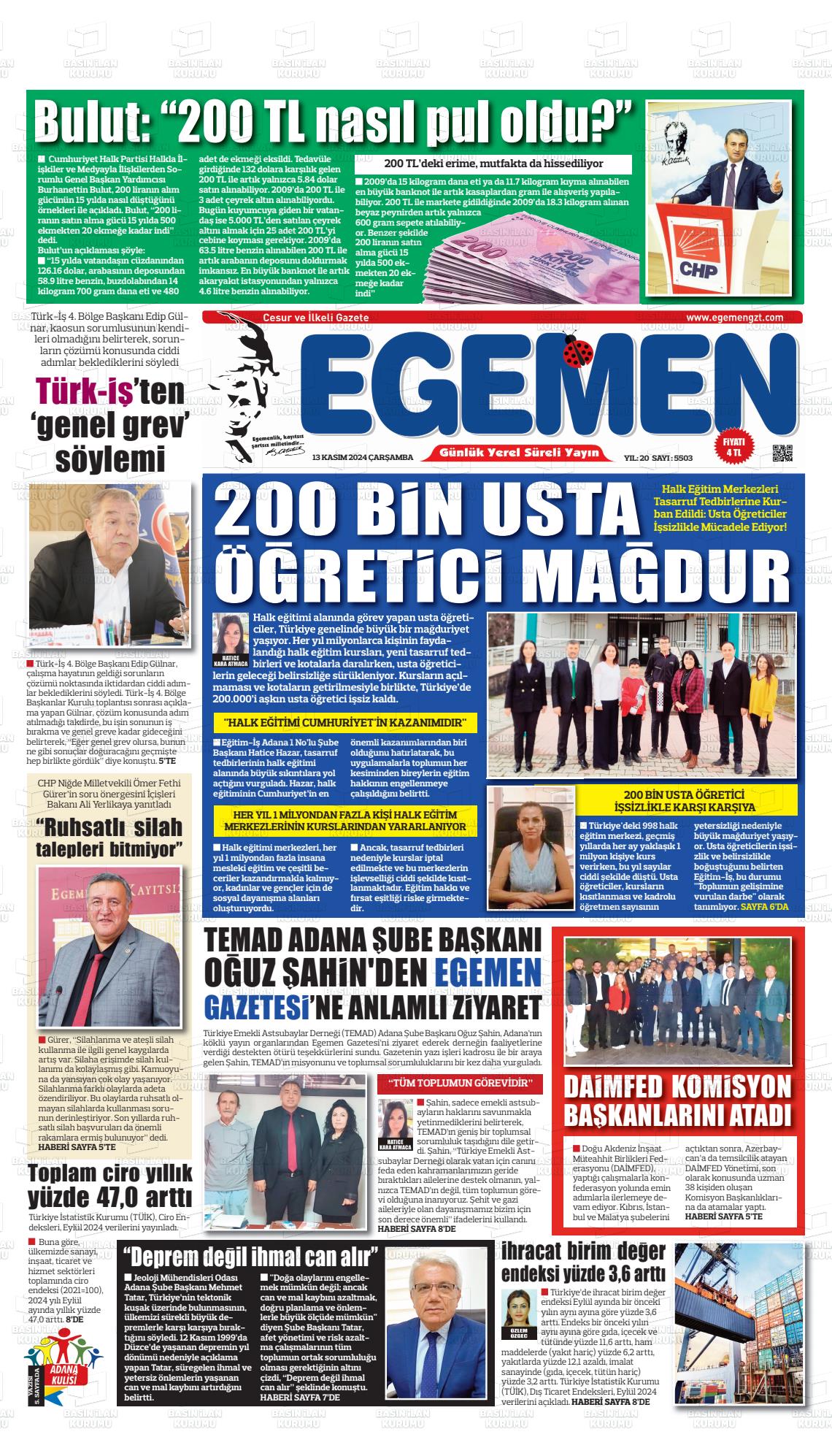 13 Kasım 2024 Egemen  Adana Gazete Manşeti