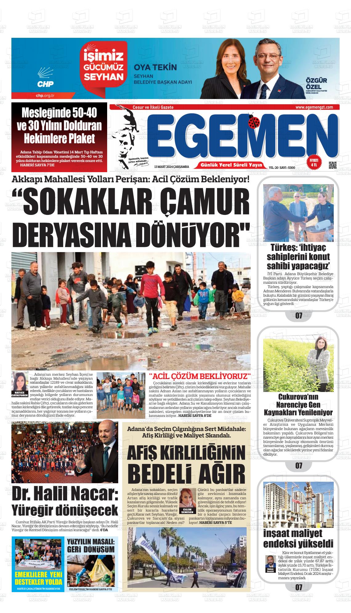 13 Mart 2024 Egemen  Adana Gazete Manşeti