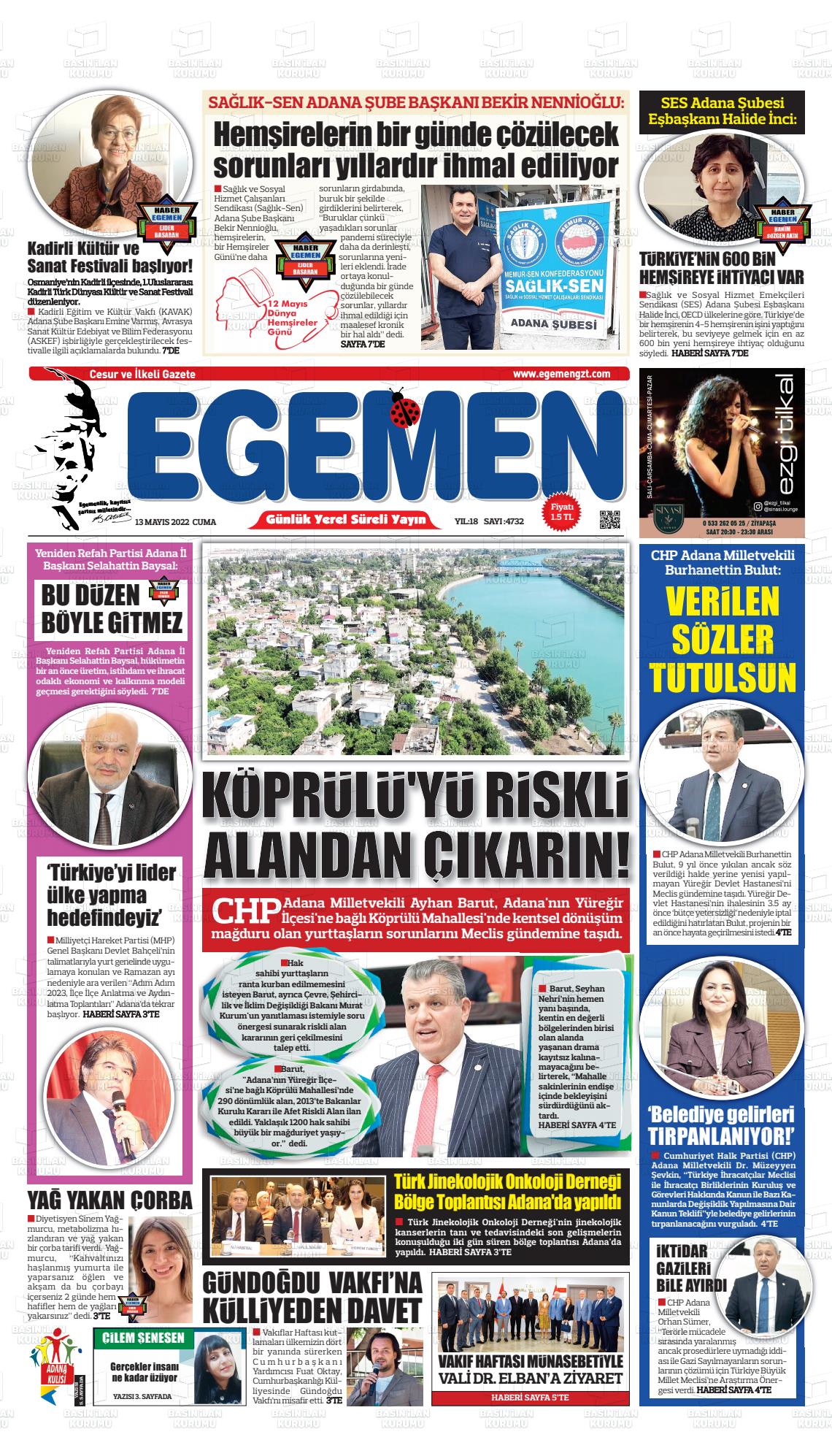 13 Mayıs 2022 Egemen  Adana Gazete Manşeti