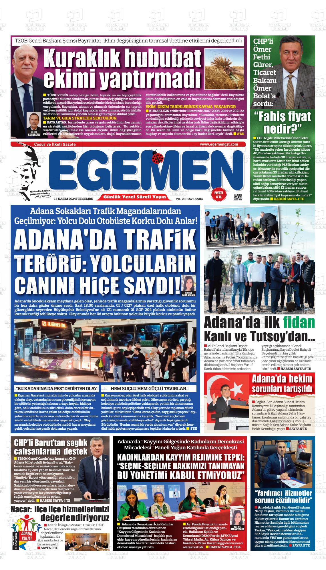 14 Kasım 2024 Egemen  Adana Gazete Manşeti