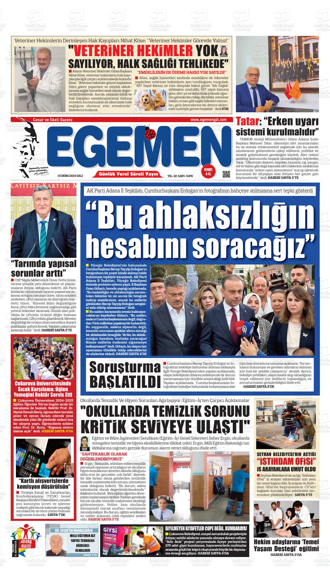 15 Ekim 2024 Egemen  Adana Gazete Manşeti