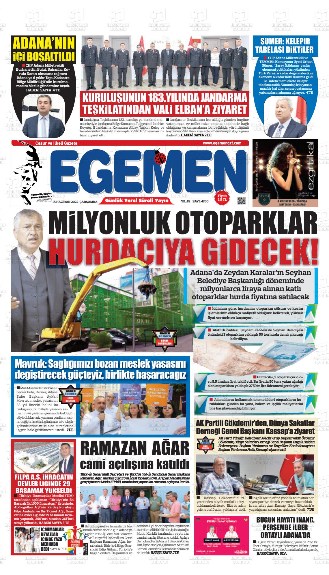 15 Haziran 2022 Egemen  Adana Gazete Manşeti