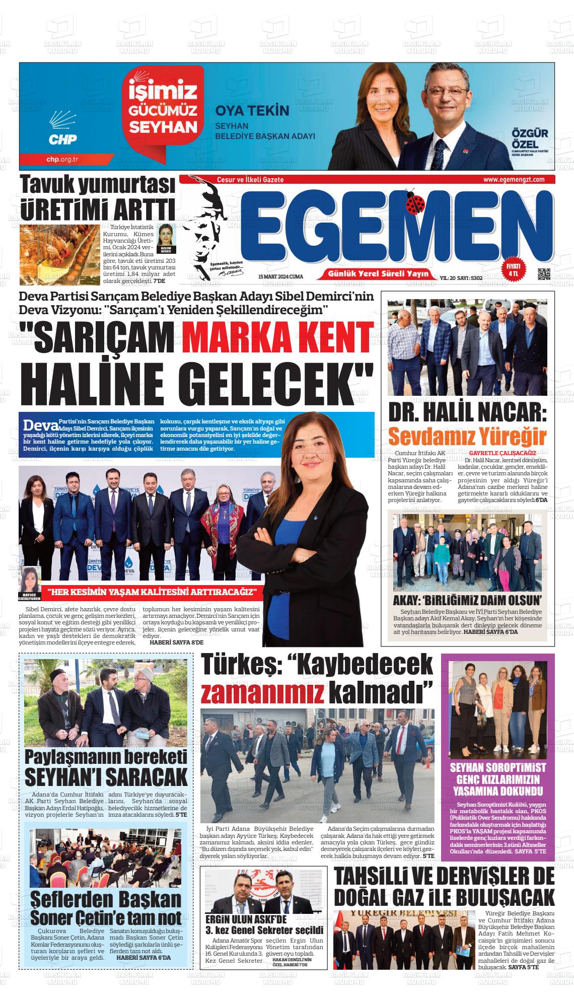 15 Mart 2024 Egemen  Adana Gazete Manşeti