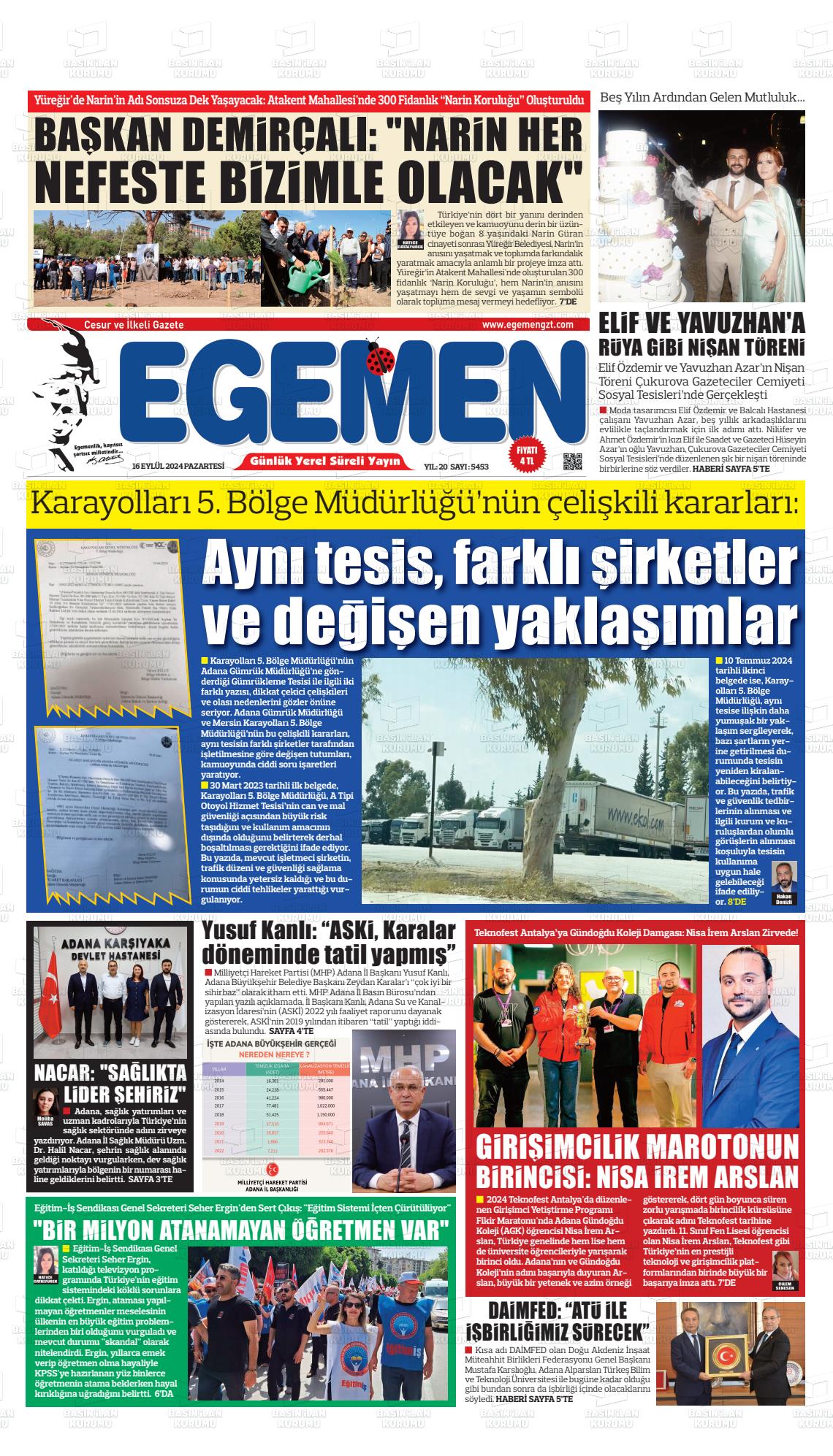 16 Eylül 2024 Egemen  Adana Gazete Manşeti