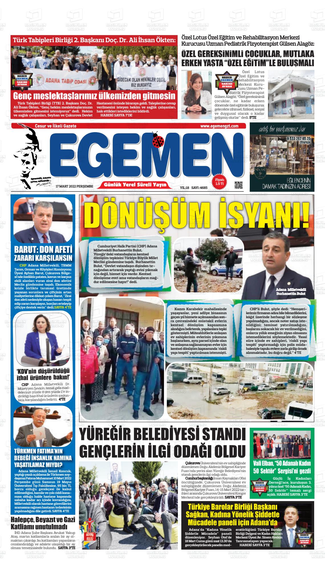 17 Mart 2022 Egemen  Adana Gazete Manşeti