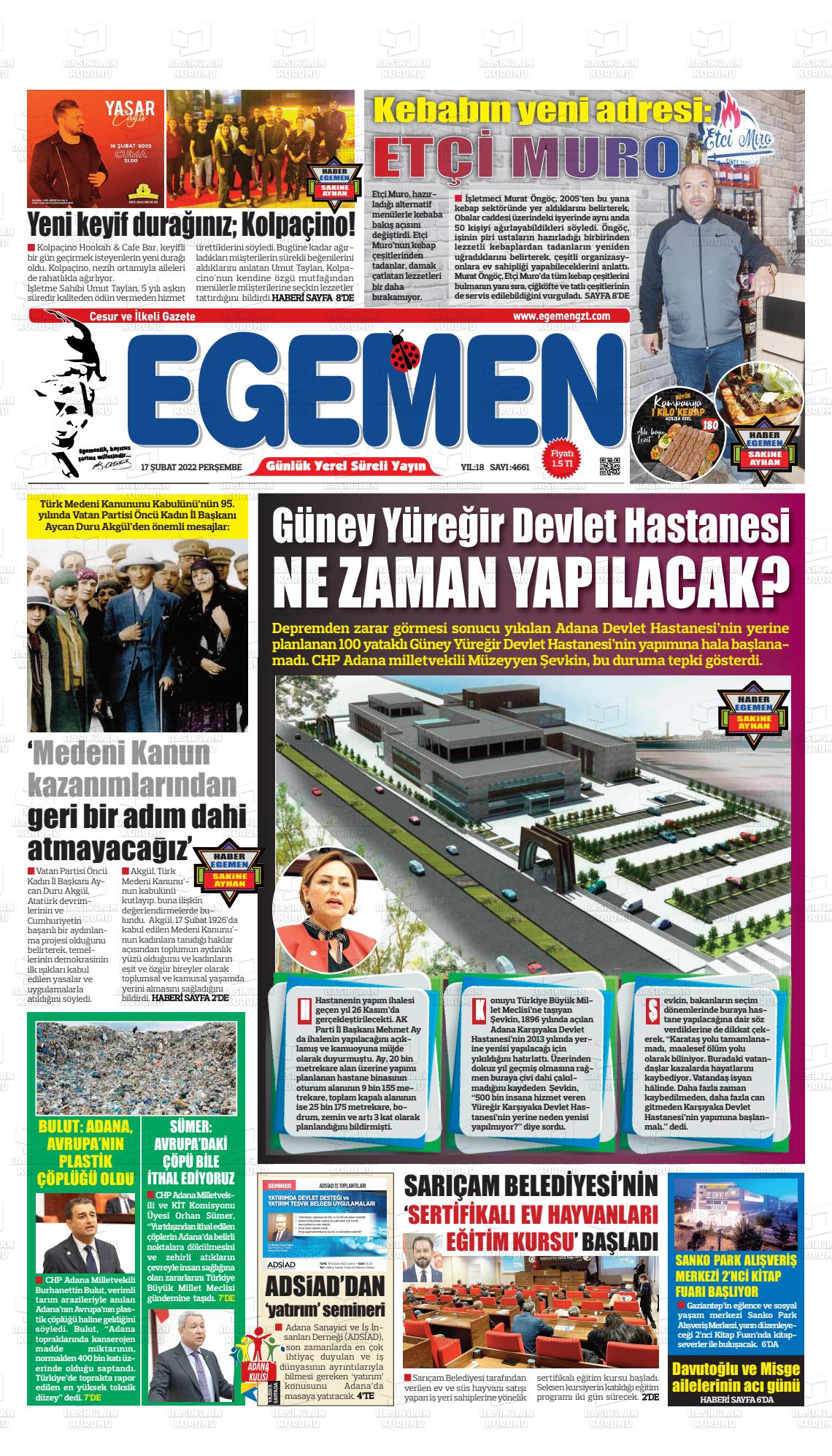 17 Şubat 2022 Egemen  Adana Gazete Manşeti