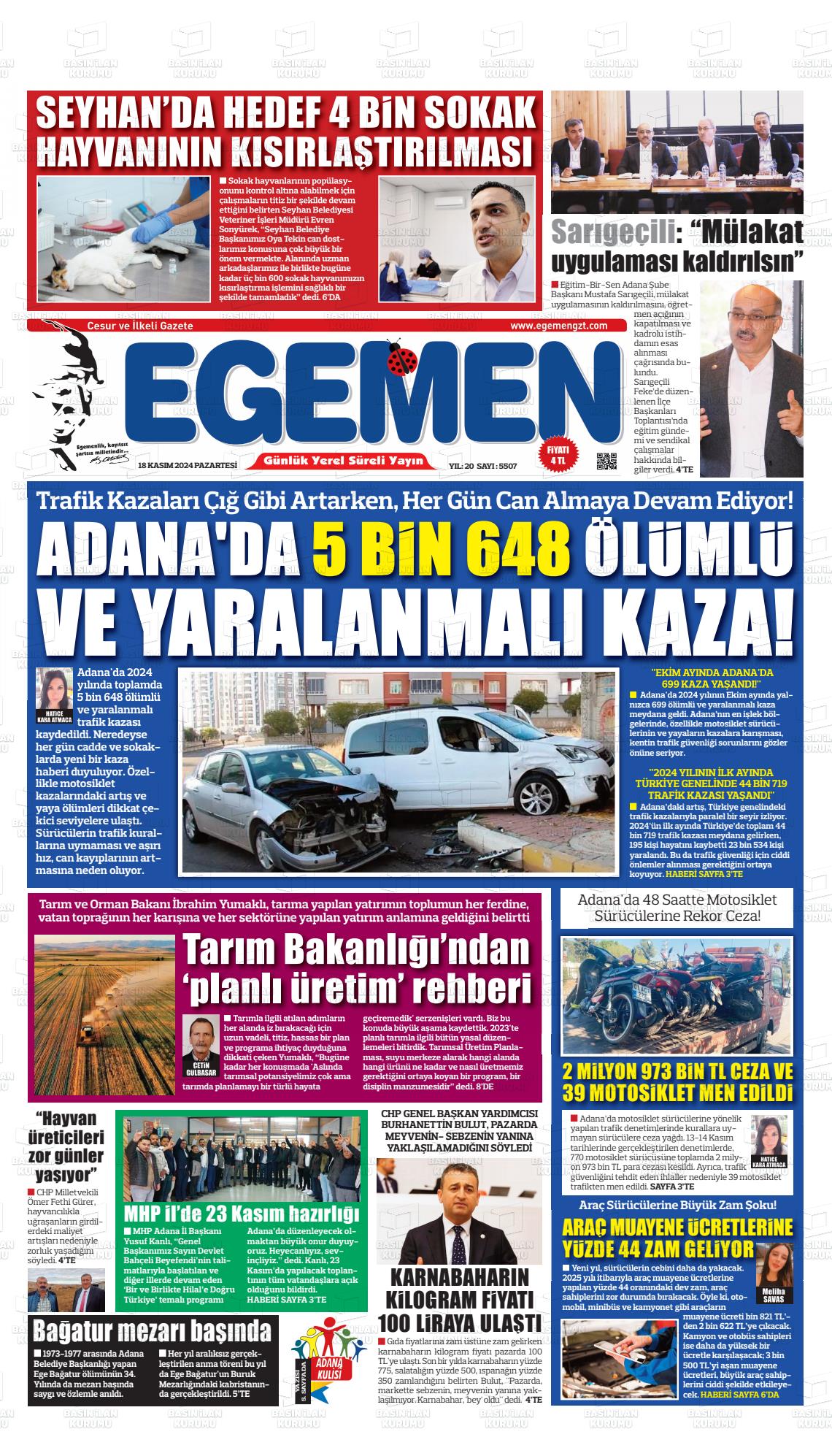 18 Kasım 2024 Egemen  Adana Gazete Manşeti