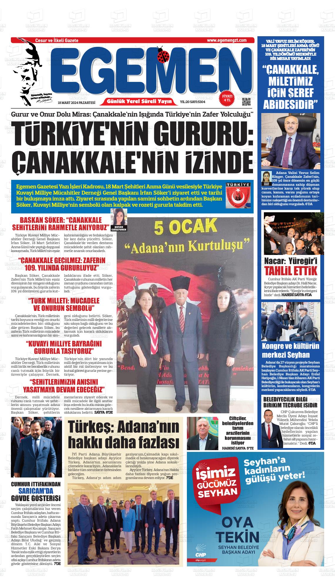 18 Mart 2024 Egemen  Adana Gazete Manşeti