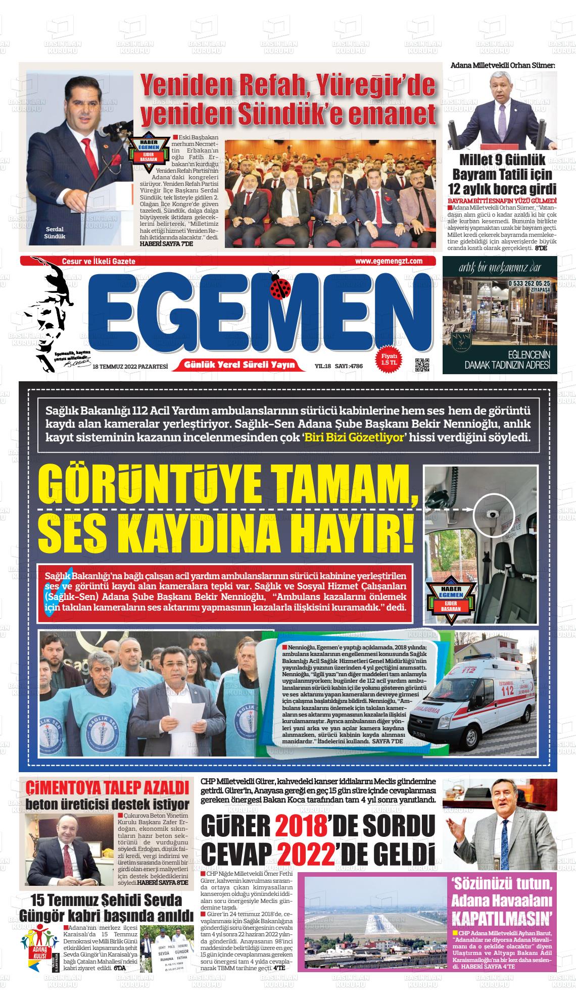 18 Temmuz 2022 Egemen  Adana Gazete Manşeti