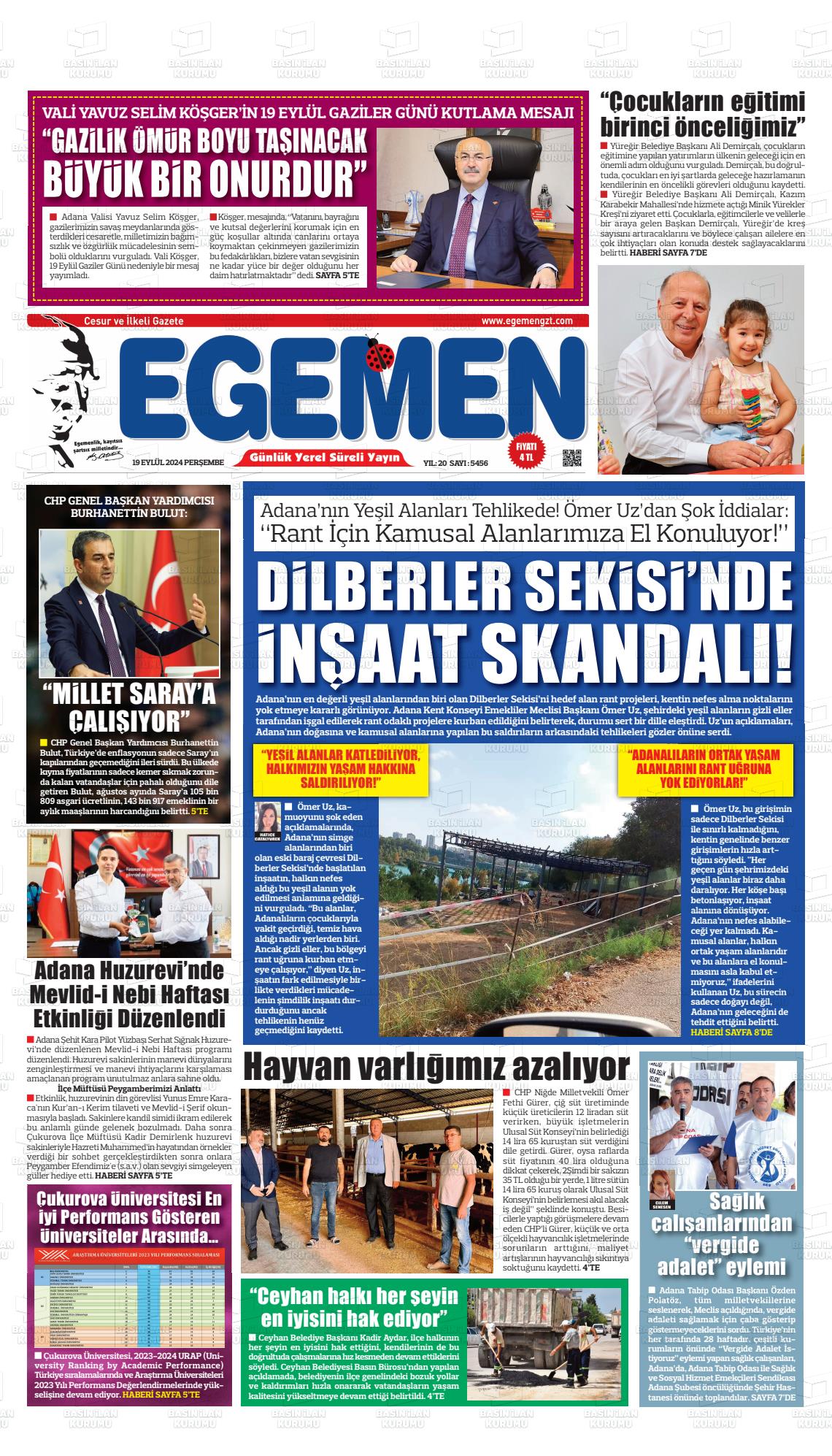 19 Eylül 2024 Egemen  Adana Gazete Manşeti