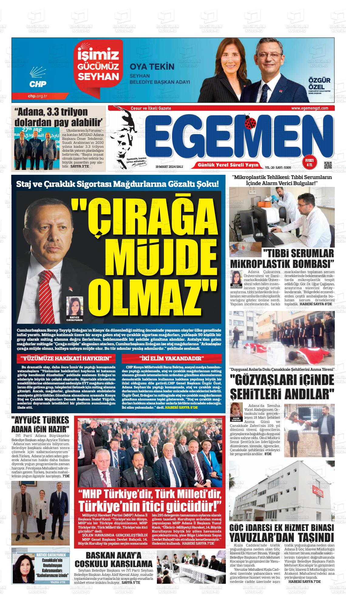 19 Mart 2024 Egemen  Adana Gazete Manşeti