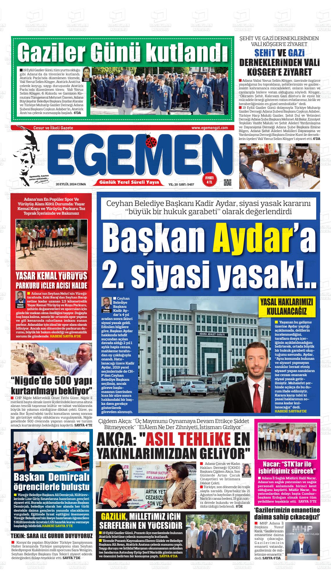 20 Eylül 2024 Egemen  Adana Gazete Manşeti