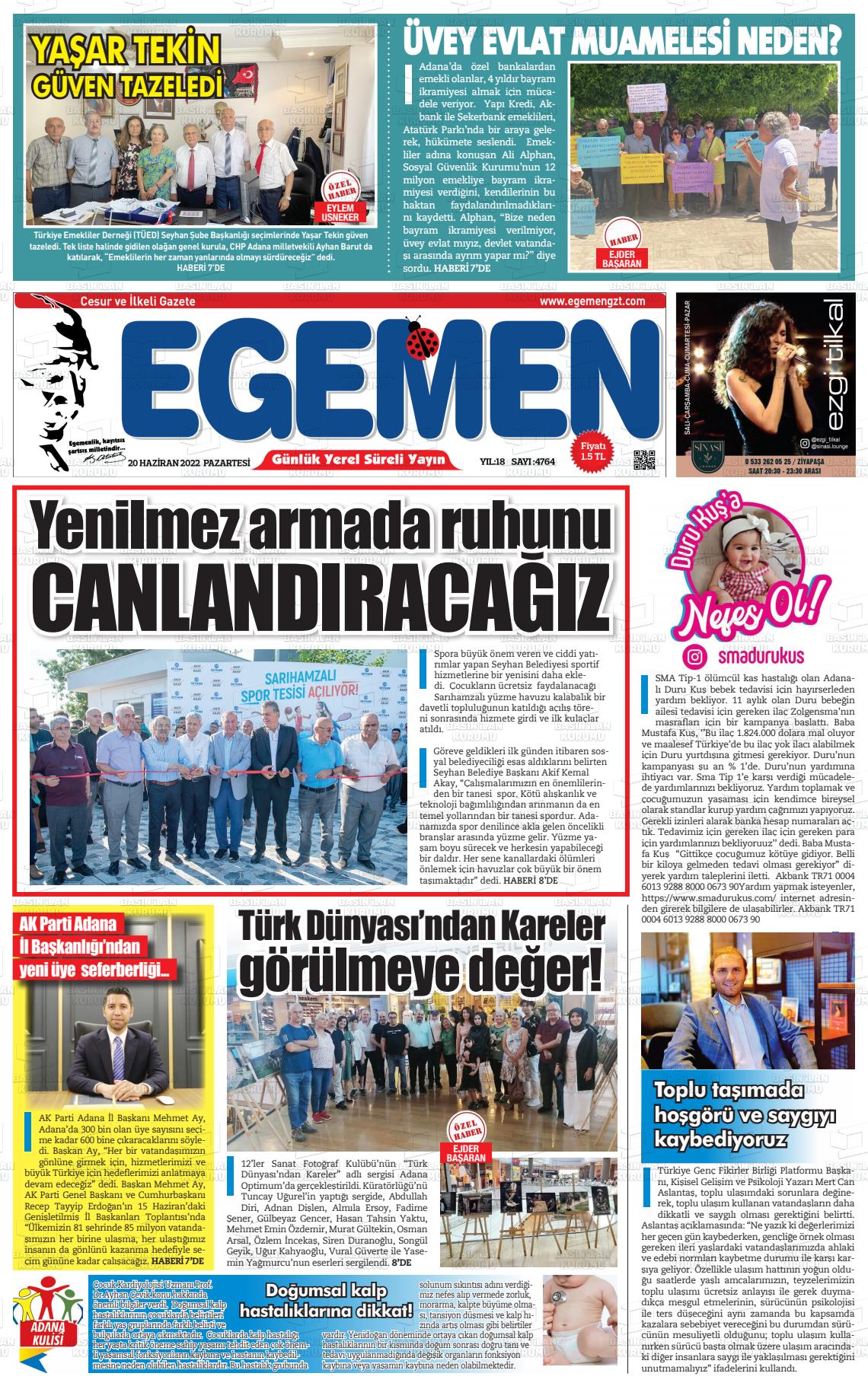 20 Haziran 2022 Egemen  Adana Gazete Manşeti