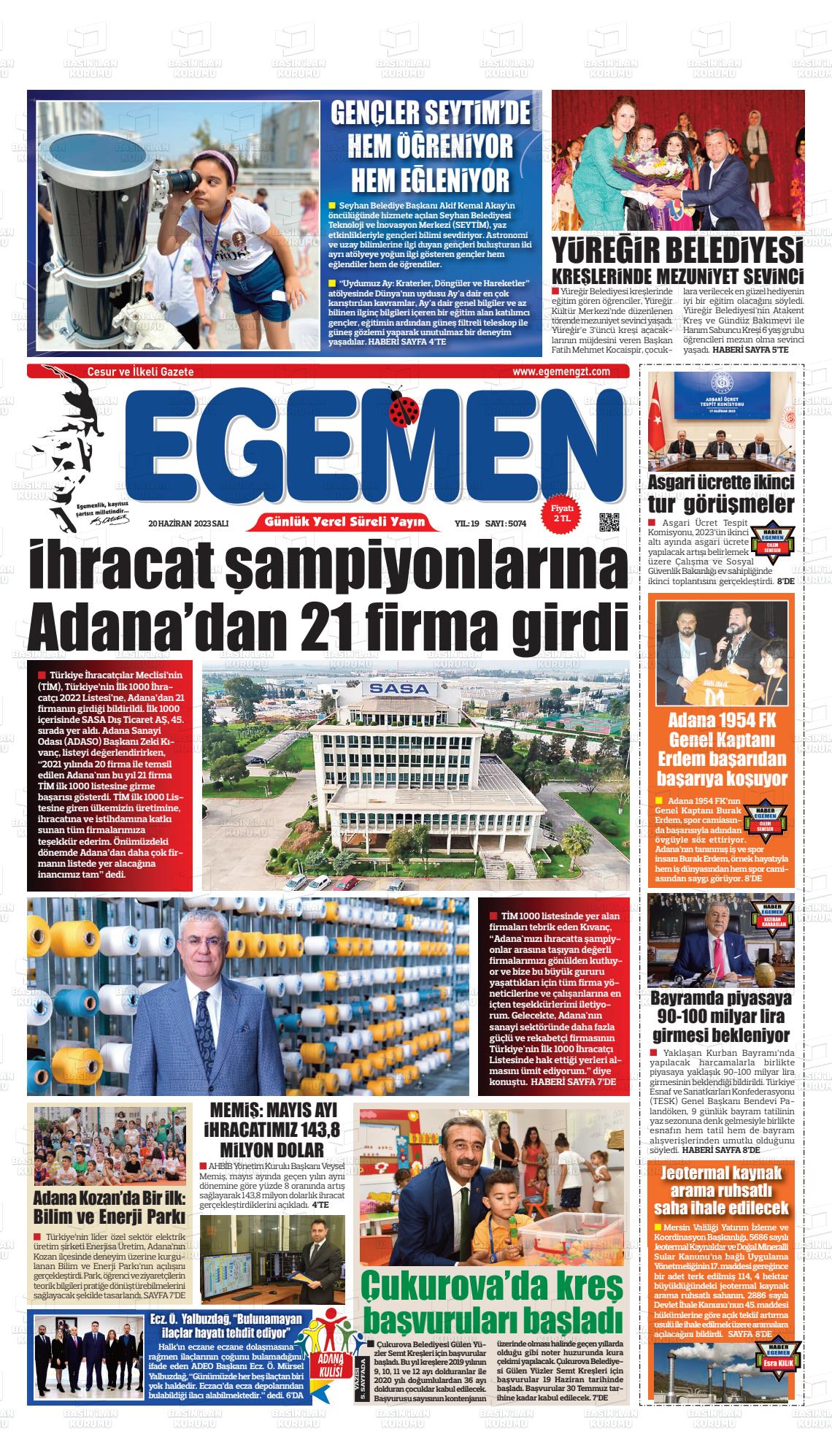 20 Haziran 2023 Egemen  Adana Gazete Manşeti