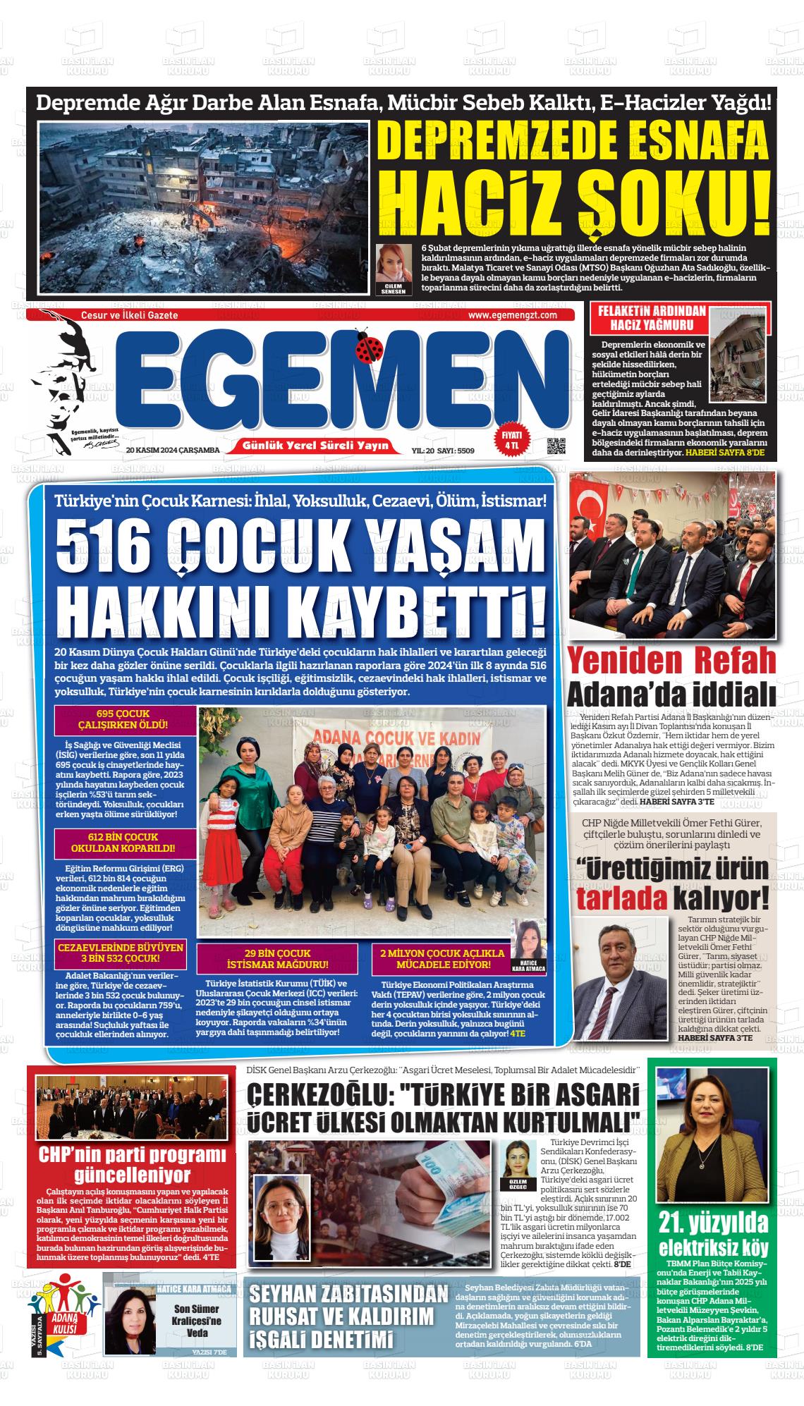 20 Kasım 2024 Egemen  Adana Gazete Manşeti