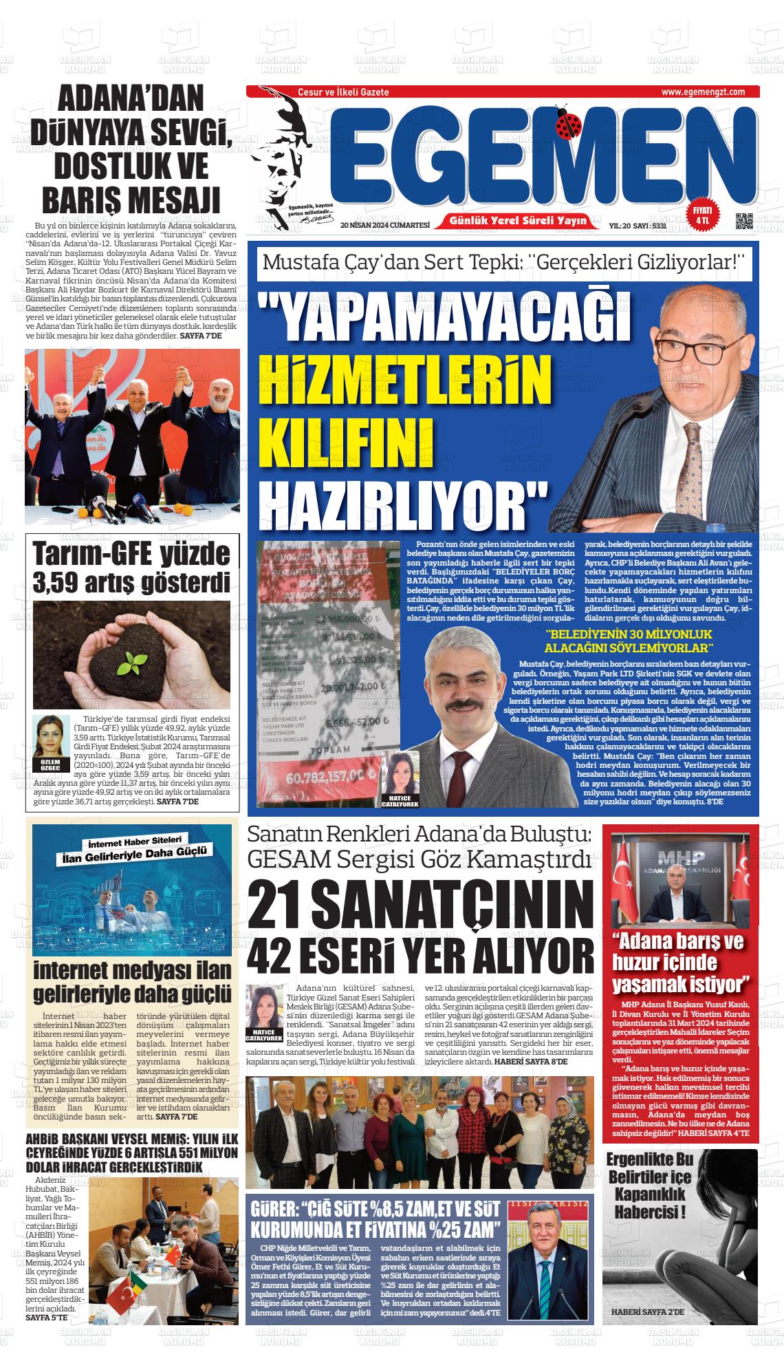 20 Nisan 2024 Egemen  Adana Gazete Manşeti