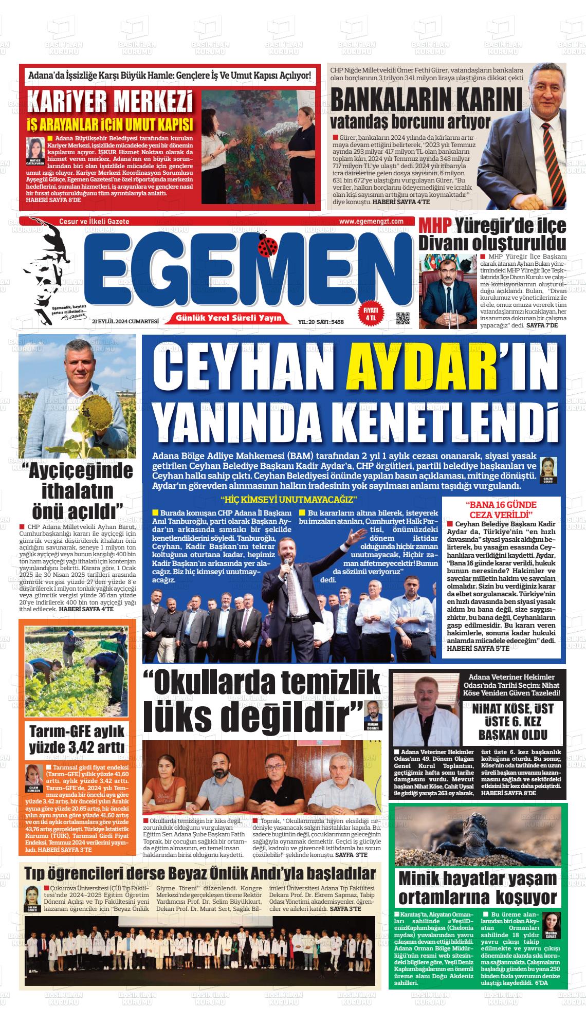 21 Eylül 2024 Egemen  Adana Gazete Manşeti