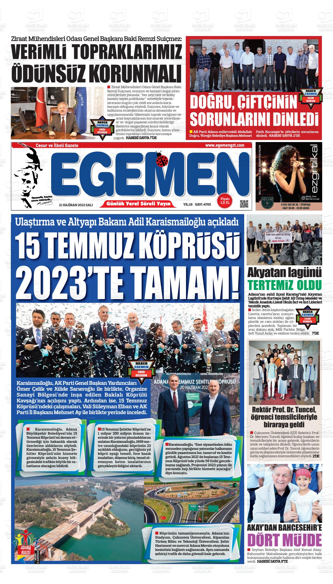 21 Haziran 2022 Egemen  Adana Gazete Manşeti