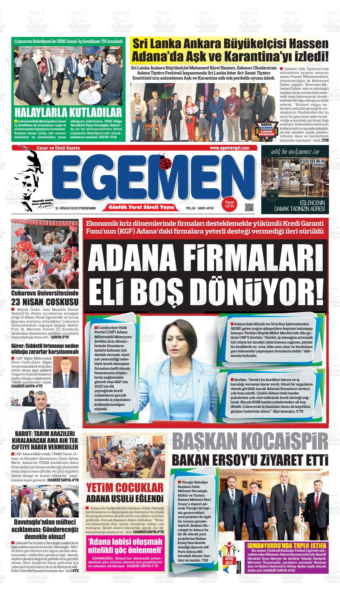 21 Nisan 2022 Egemen  Adana Gazete Manşeti