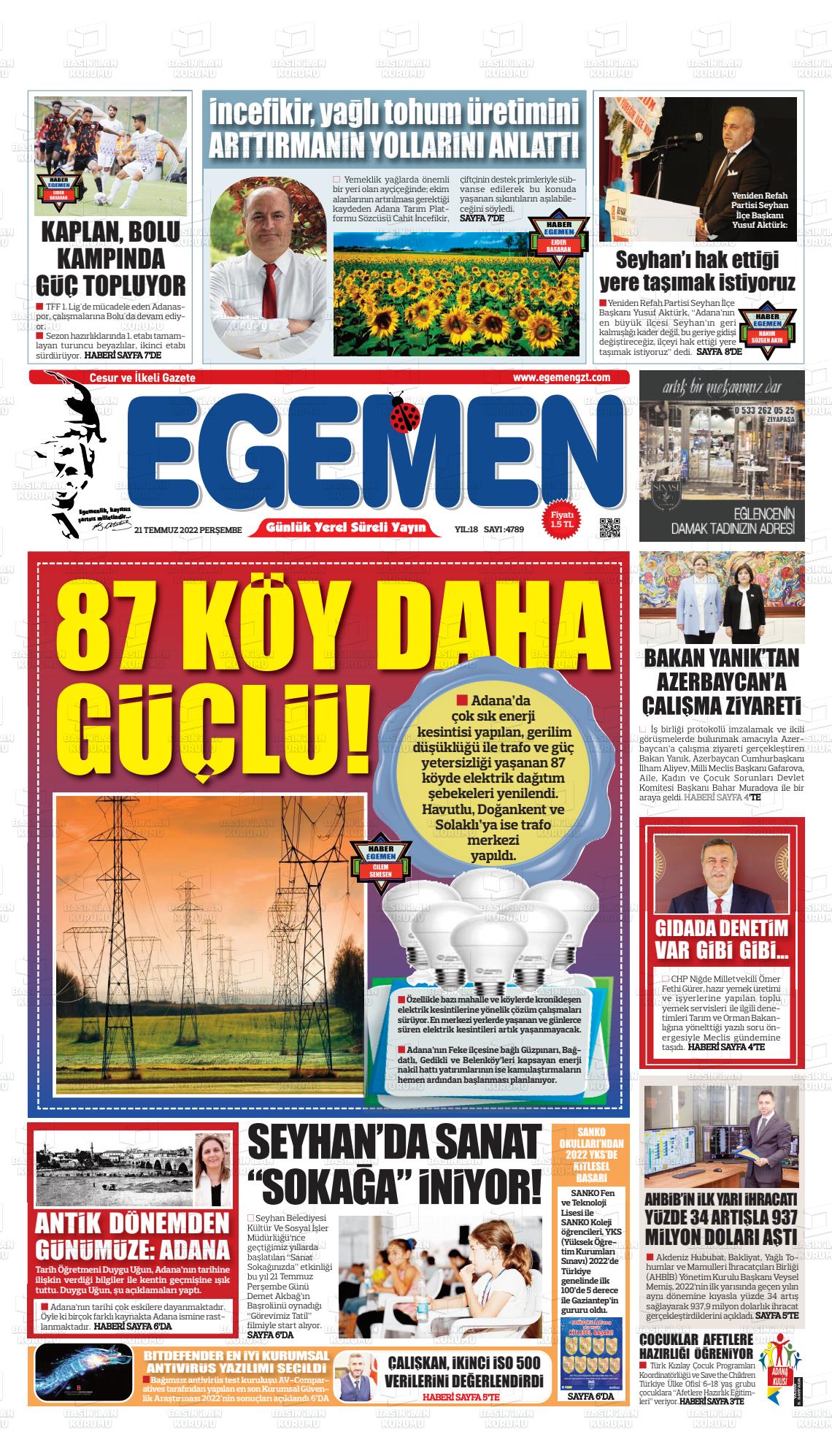 21 Temmuz 2022 Egemen  Adana Gazete Manşeti