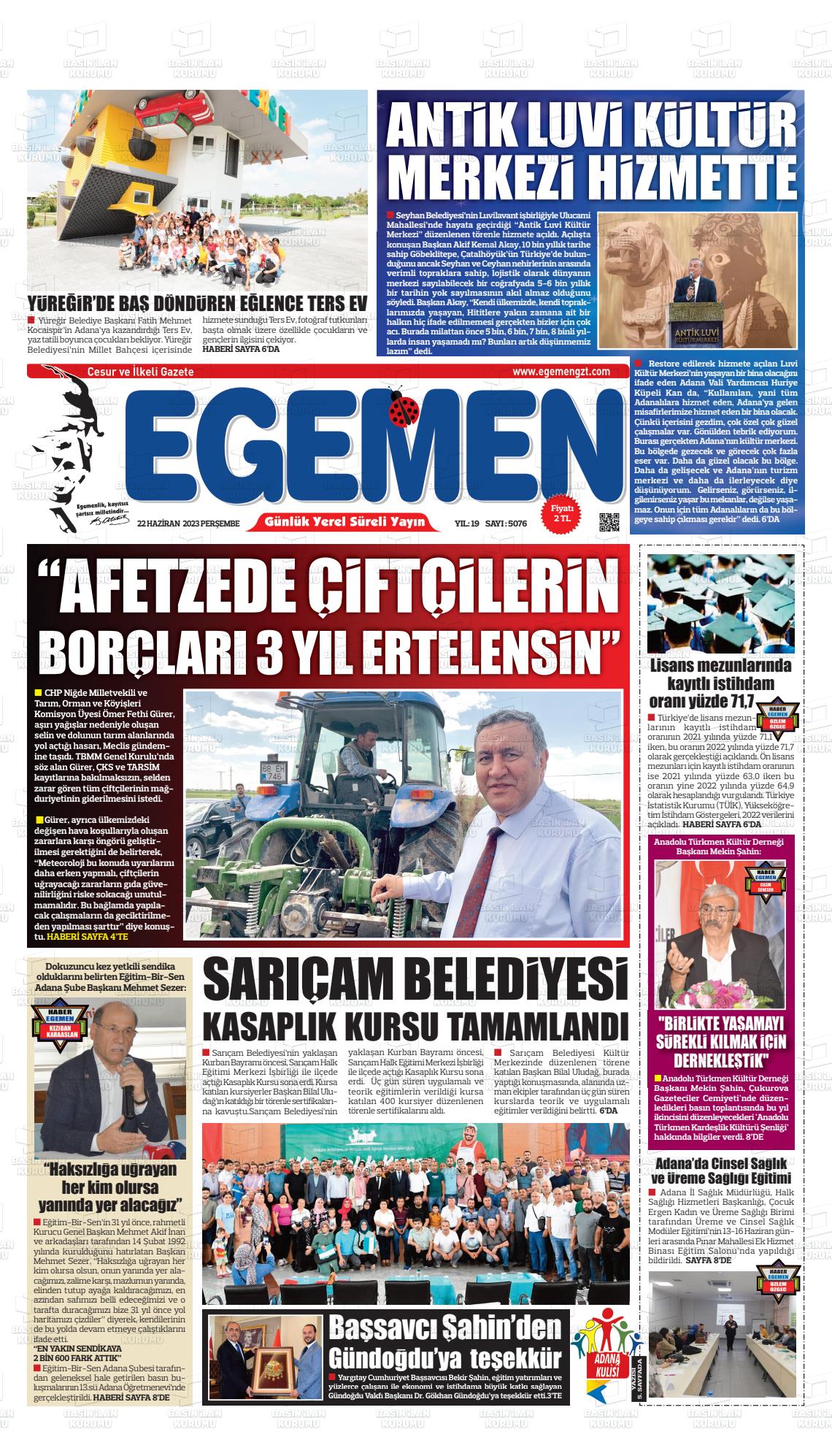 22 Haziran 2023 Egemen  Adana Gazete Manşeti