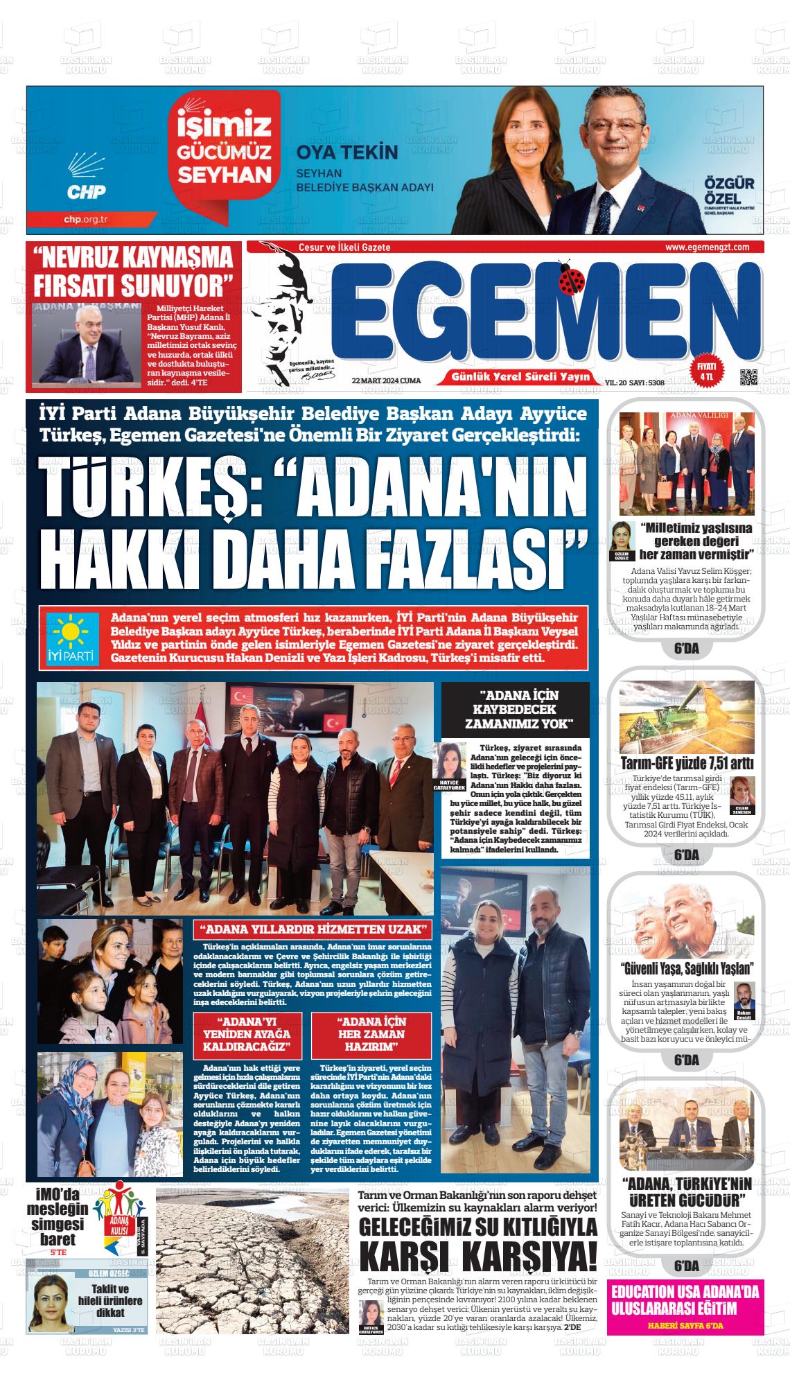 22 Mart 2024 Egemen  Adana Gazete Manşeti