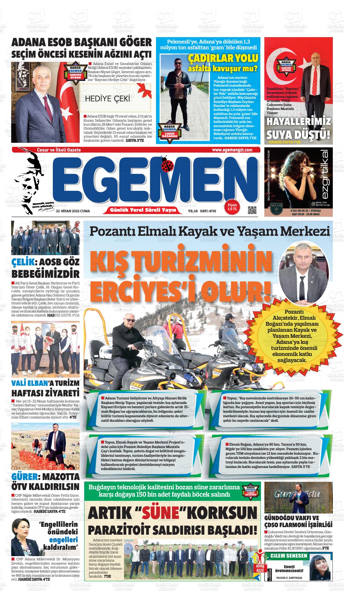 22 Nisan 2022 Egemen  Adana Gazete Manşeti