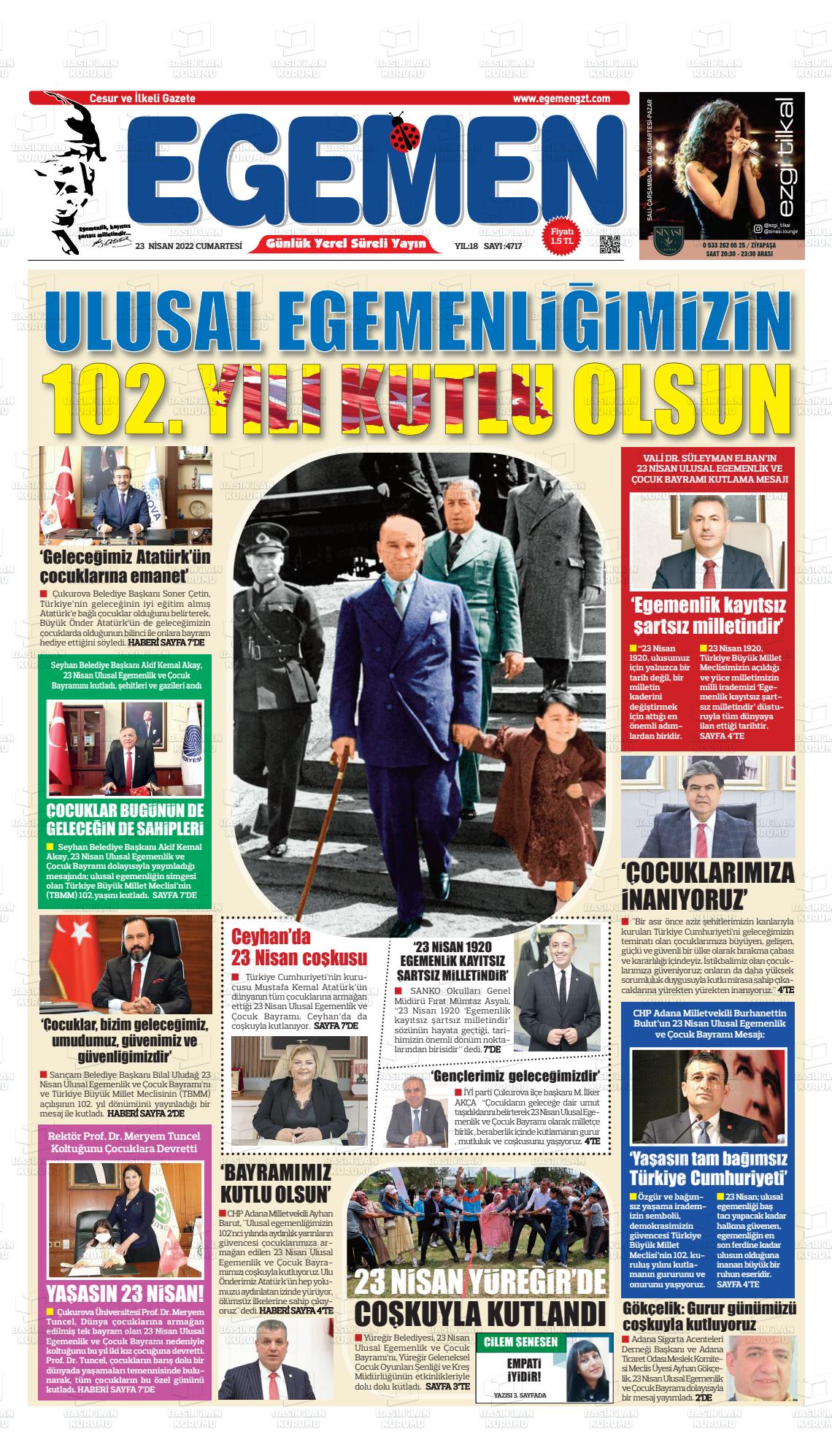 23 Nisan 2022 Egemen  Adana Gazete Manşeti